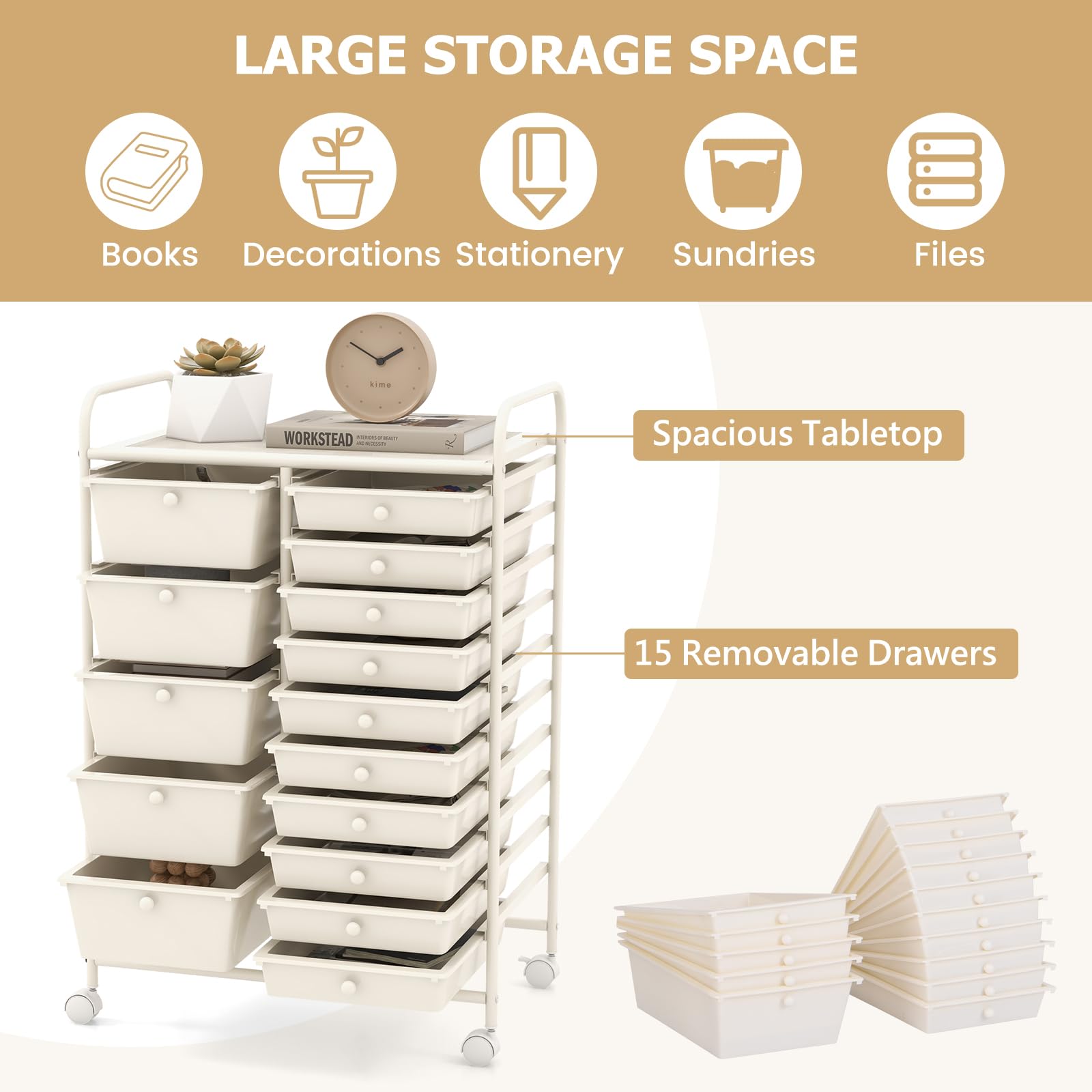 RELAX4LIFE 15-Drawer Rolling Storage Cart with Wheels - Mobile Utility Organizer for Crafts, Classroom, Office & Home - White Storage Cart for School Supplies, Art Materials & Home Organization | Perfect for Teachers, Artists & Home Organizing