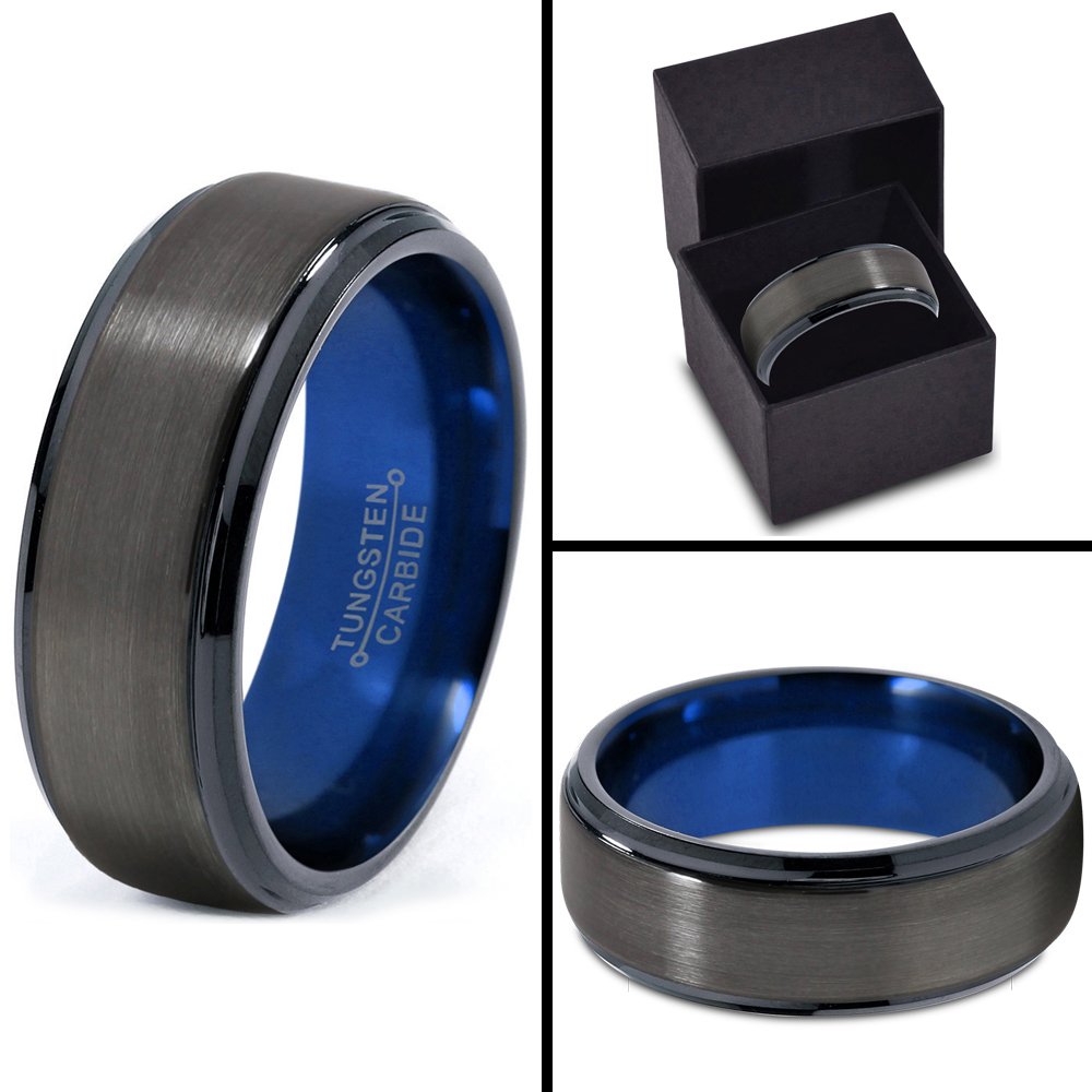 Premium Tungsten Carbide Wedding Band Ring for Men & Women - 8mm Width, Blue & Black Gunmetal Finish, Step Edge Design, Brushed & Polished - Custom Engraving for Anniversary & Engagement Gifts - Perfect for Everyday Wear, Special Occasions & Couples Jewelry