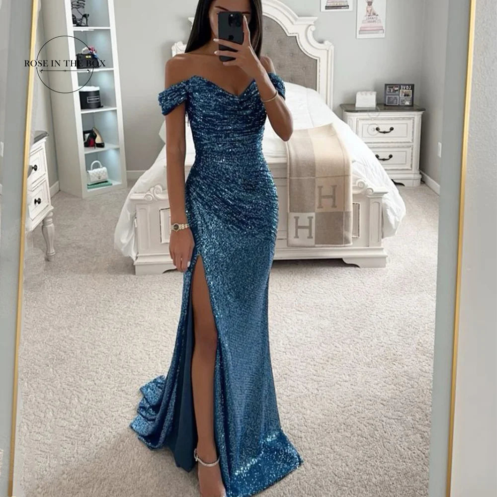 Elegant Off Shoulder Sequin Mermaid Maxi Dress for Women | 2025 Prom Party Evening Gown | Perfect for Formal Events, Weddings & Special Occasions