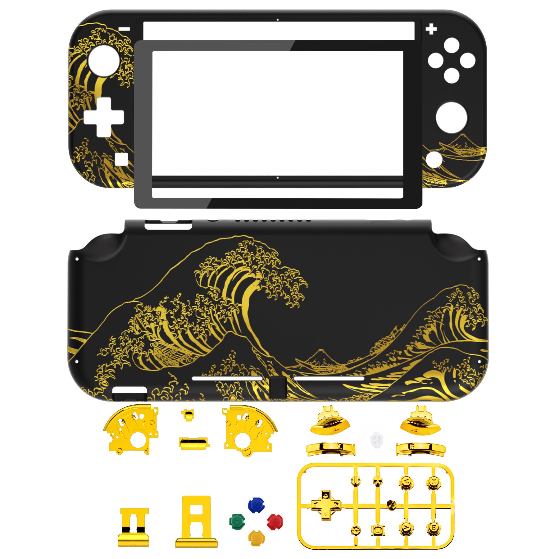 eXtremeRate Golden Wave Off Kanagawa Black DIY Replacement Shell for Nintendo Switch Lite - Custom Controller Housing with Screen Protector | Durable Case Cover for NSL Handheld Console | Perfect for Gaming Enthusiasts & Travel Protection