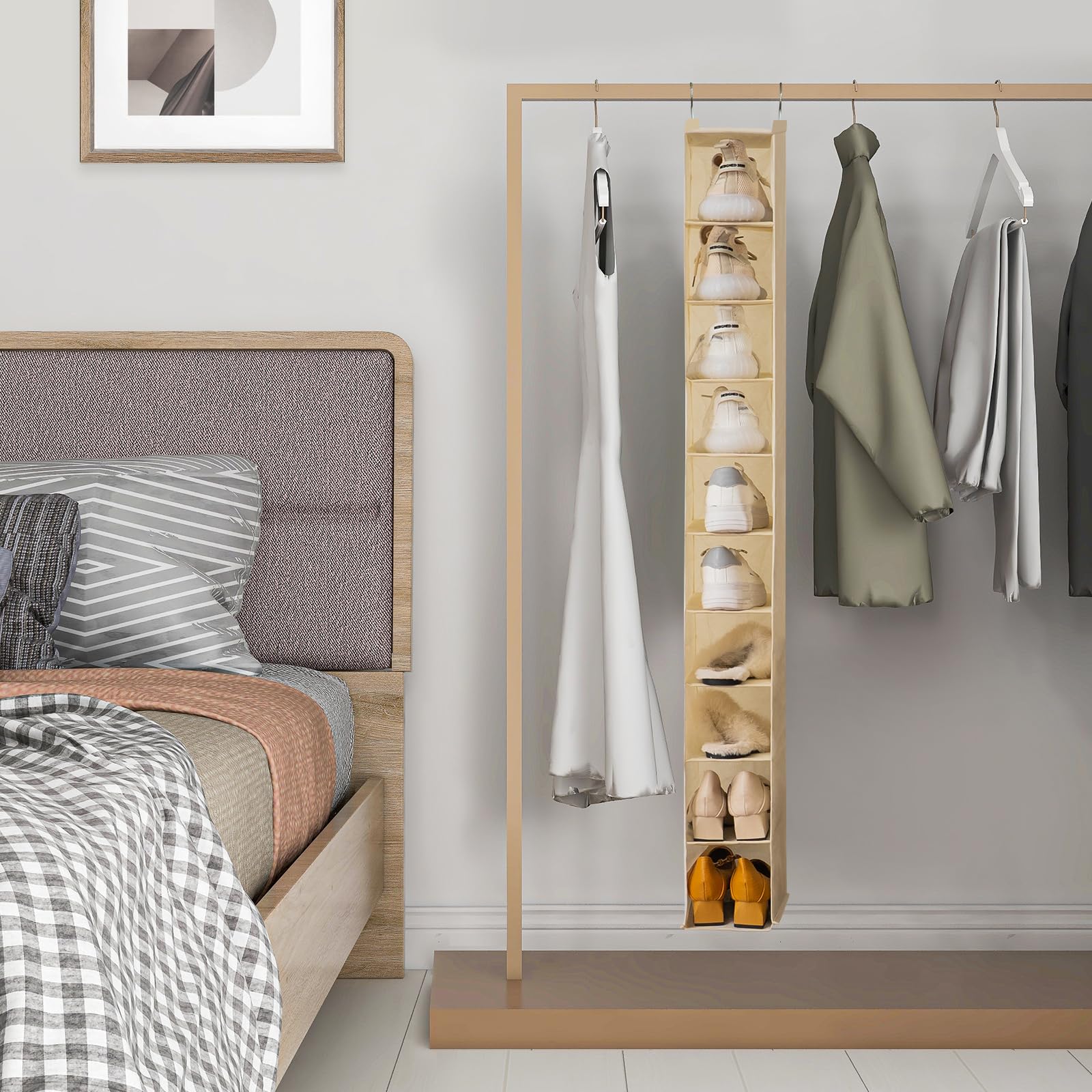 10-Shelf Hanging Shoe Organizer for Closet - Space Saving Shoe Storage Rack, Beige Fabric - Perfect for Bedroom, Dorm, Entryway & Small Space Organization