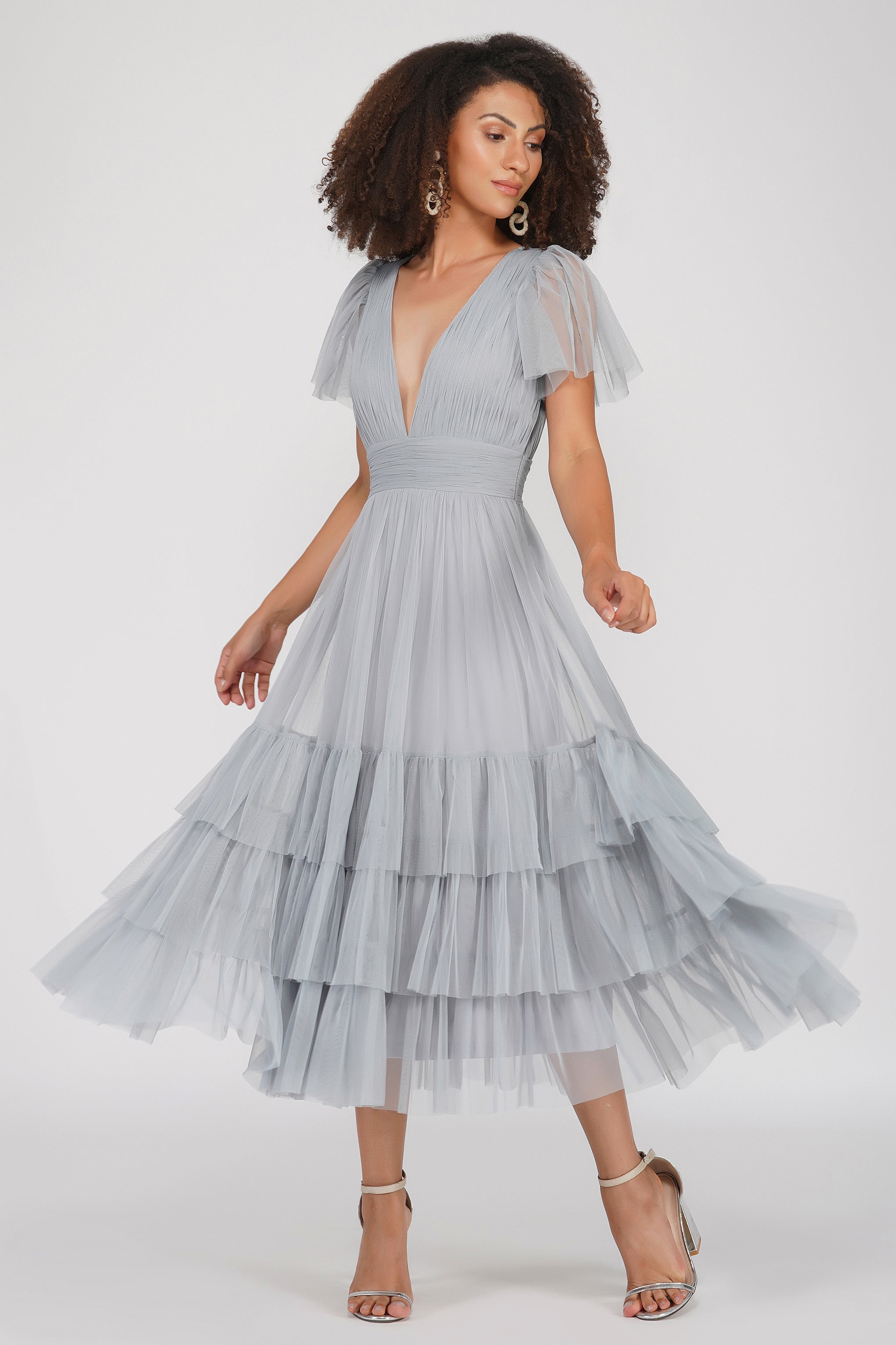 Elegant Madison Tulle Midi Dress in Grey - Perfect for Weddings, Parties & Special Occasions