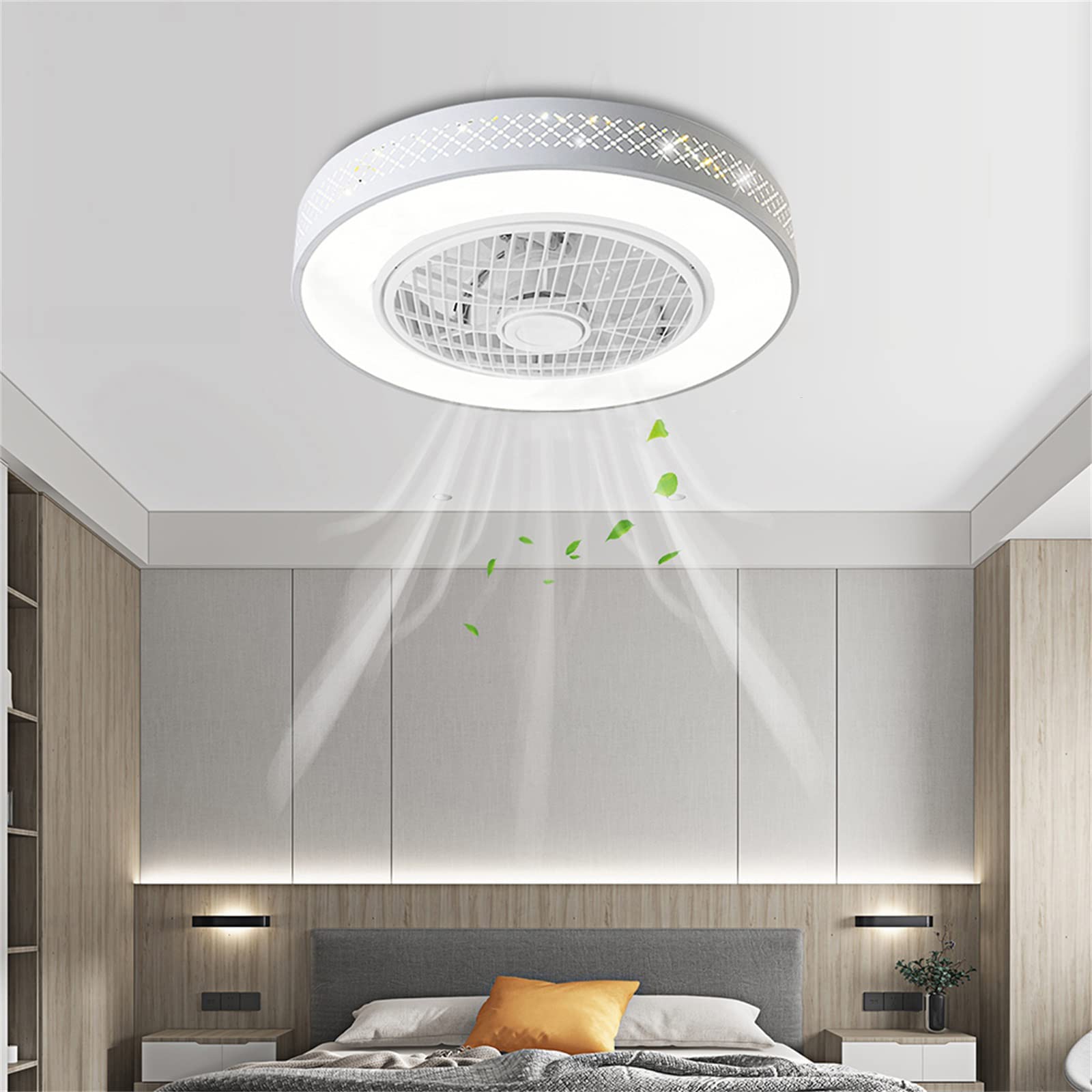 Dimmable 20 Inch Bladeless Ceiling Fan with Light & Remote Control - Modern Acrylic Chandelier Fan, 3 Color Changing, Low Profile Semi-Flush Mount for Bedroom, Living Room & Nursery (White) | Energy Efficient & Quiet Operation