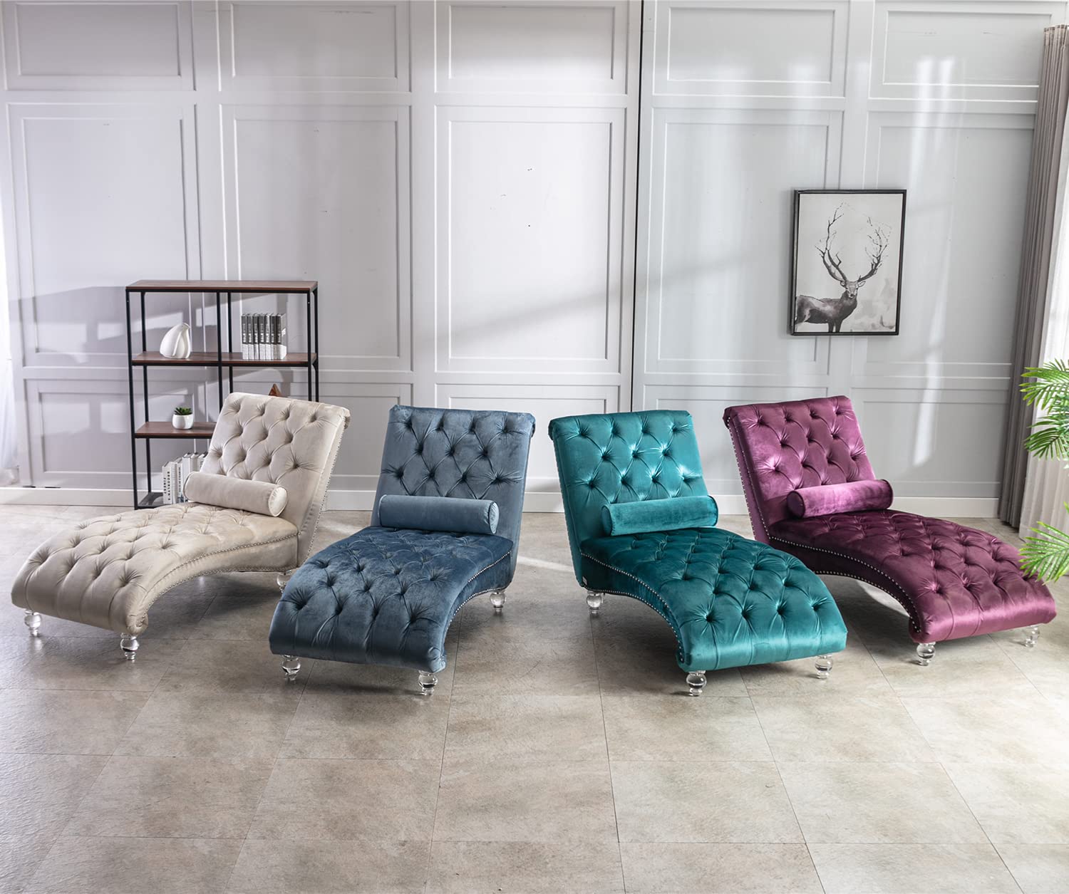 KINFFICT Velvet Chaise Lounge Chair with Toss Pillow - Modern Tufted Button Accent Chair with Sturdy Acrylic Legs - Upholstered Sleeper Chair for Living Room, Bedroom, Office or Nursery - Soft Beige Velvet Fabric - Perfect for Relaxing, Reading & Small Space Decor