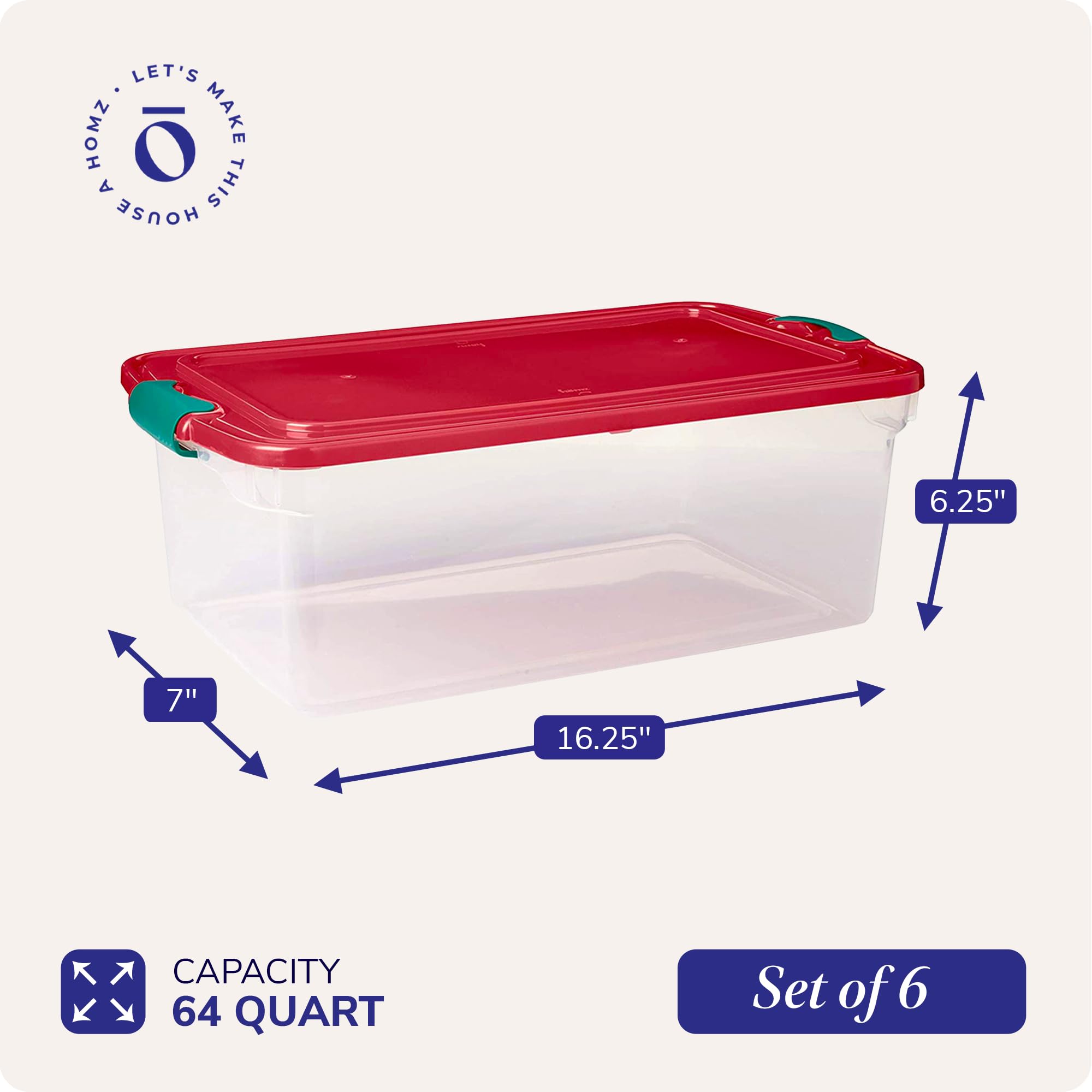 HOMZ 6-Pack 64 Quart Clear Plastic Storage Bins with Latching Handles - Holiday & Seasonal Organizer for Christmas Decorations, Winter Clothes, or Home Organization - Stackable Storage Containers for Garage, Attic, and Closet