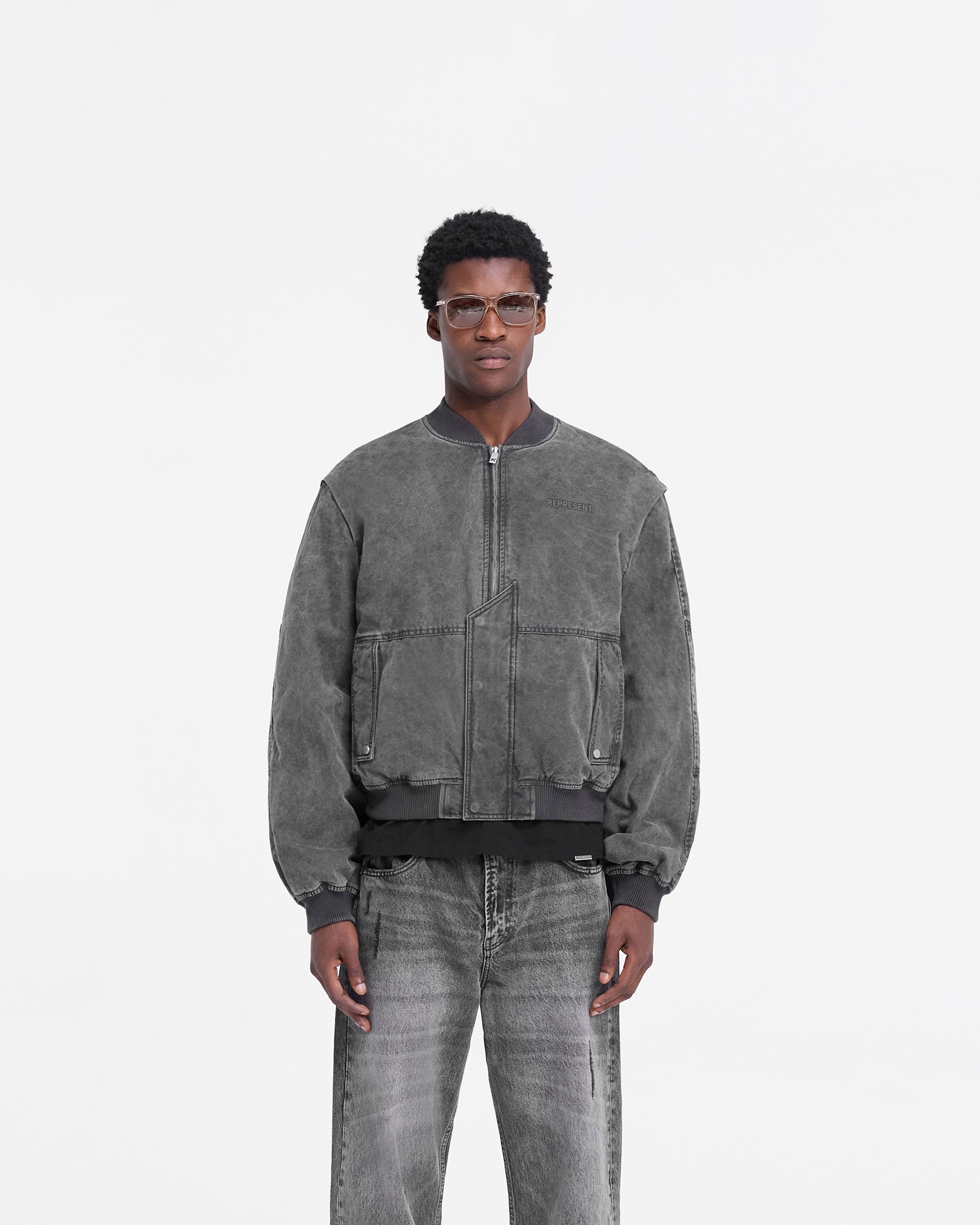 Stylish Inset Sleeve Bomber Jacket in Stained Black - Perfect for Casual Outings & Nightlife