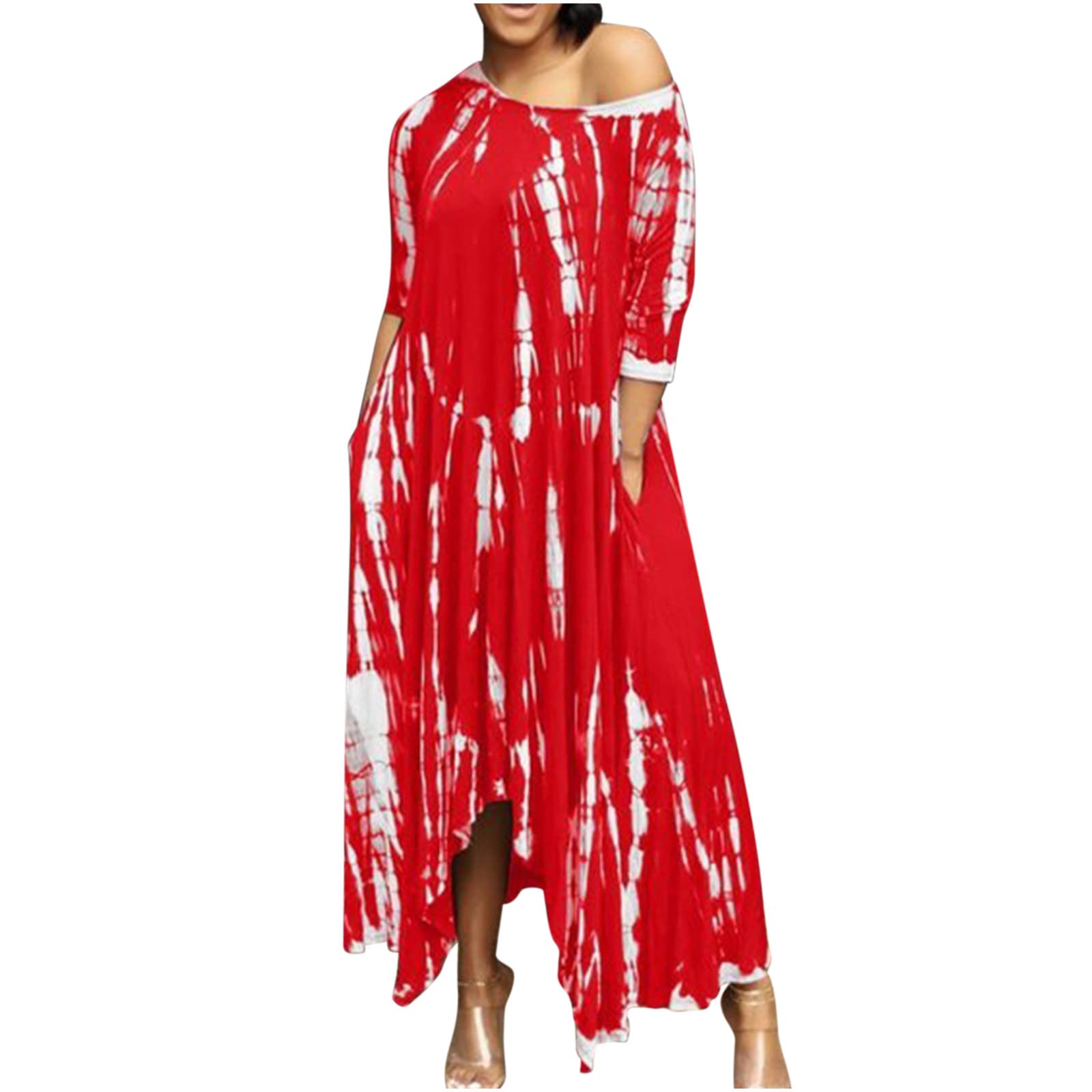 Women's Summer Tie-Dye Midi Dress with Slit - Casual Loose 3/4 Sleeve Irregular Hem Long Dress in Red | Perfect for Beach Vacations, Music Festivals & Summer Parties