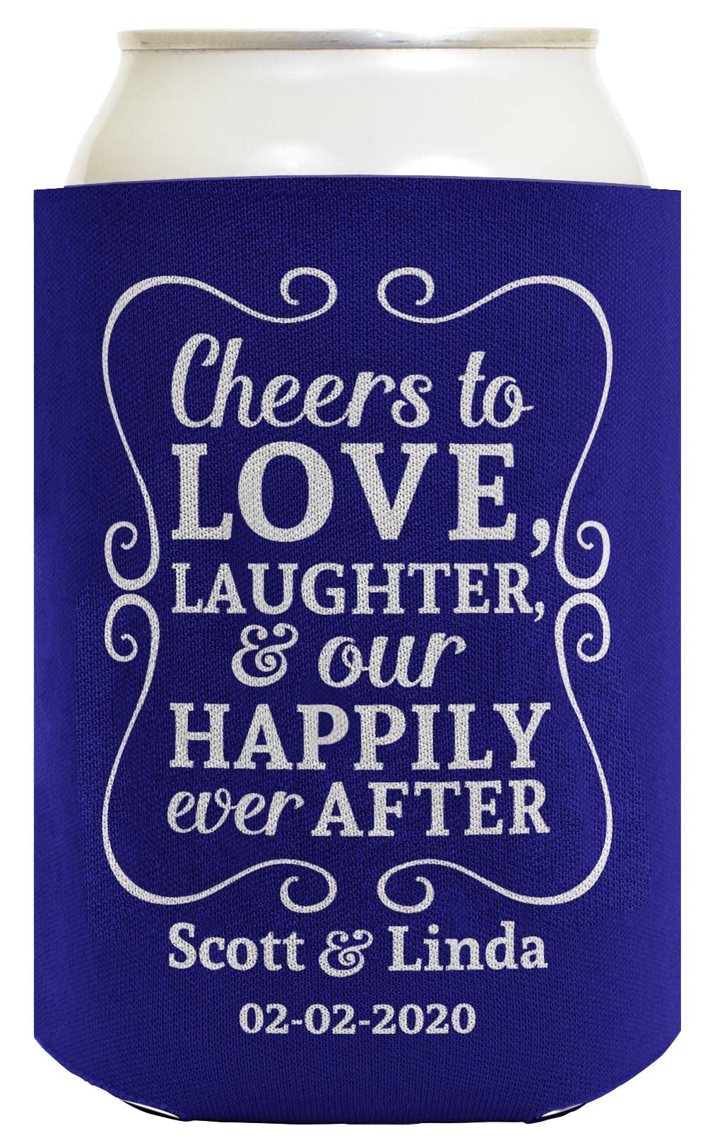 Cheers To Love Custom Names & Date 96-Pack Personalized Can Coolie Drink Coolers - Sapphire Blue - Perfect for Weddings, Parties & Outdoor Events