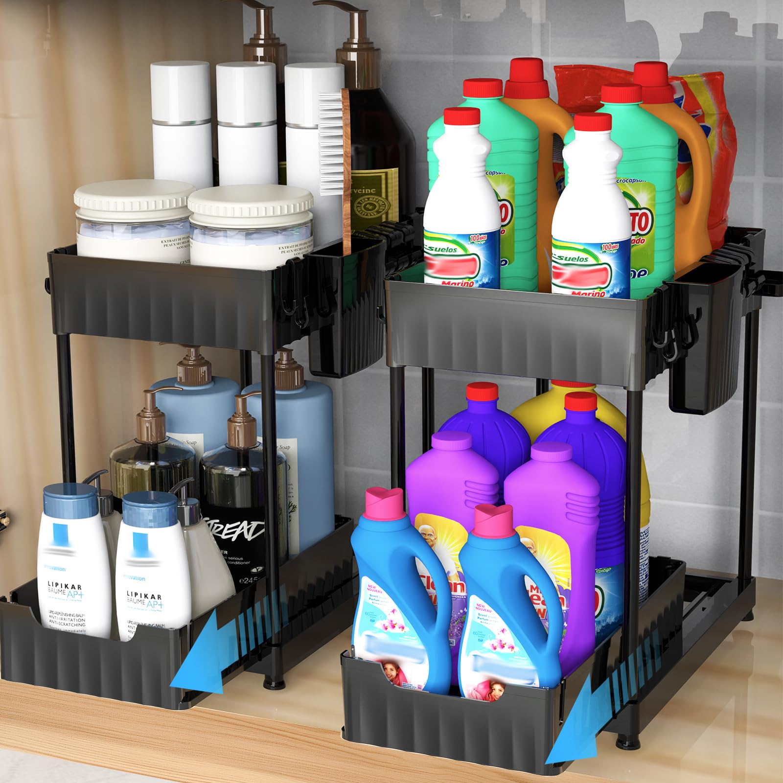 2-Pack Under Sink Organizer Set - Durable ABS Material 2-Tier Sliding Kitchen & Bathroom Storage with Hanging Cups - Space-Saving Cabinet Organizer for Sponges, Soaps & Cleaning Supplies (Black) - Perfect for Small Kitchens, Bathrooms & RVs