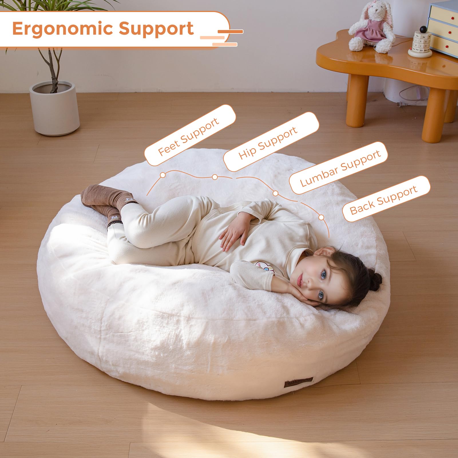 MAXYOYO 3-in-1 Kids Bean Bag Chair Bed - Convertible Faux Fur Round Floor Sofa for Children | Gaming Chair, Reading Nook & Nap Space | Soft Beige Comfort for Playroom, Bedroom & Dorm (Machine Washable)