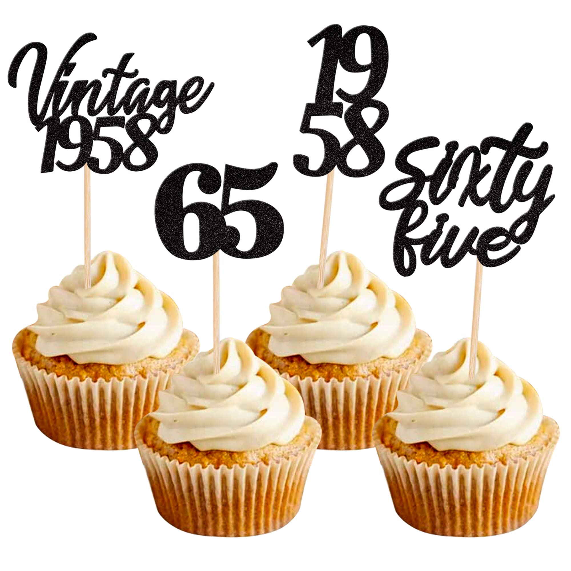 24-Piece Vintage 1958 Glitter Cupcake Toppers - Cheers to 65 Fabulous Years - Gold & Black Cake Decorations for 65th Birthday, Wedding Anniversary Party Supplies (Perfect for Milestone Celebrations & Elegant Dessert Displays)