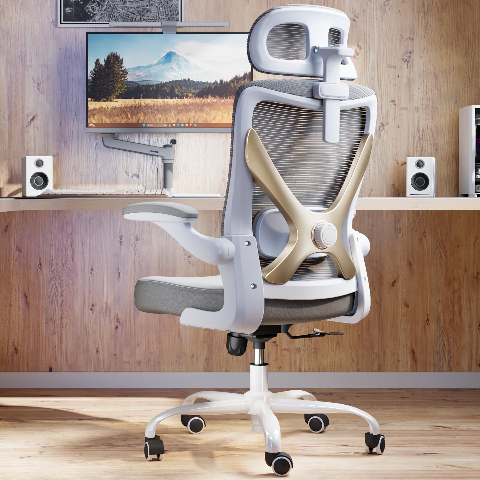 Ergonomic Office Chair with Lumbar Support & Headrest - Adjustable X-Shaped Computer Desk Chair for Home Office, Gaming, and Long Work Hours - Breathable Mesh Back, Comfortable Seat Cushion (Grey Gold) - Perfect for Remote Work, Online Classes, and Extended Computer Use