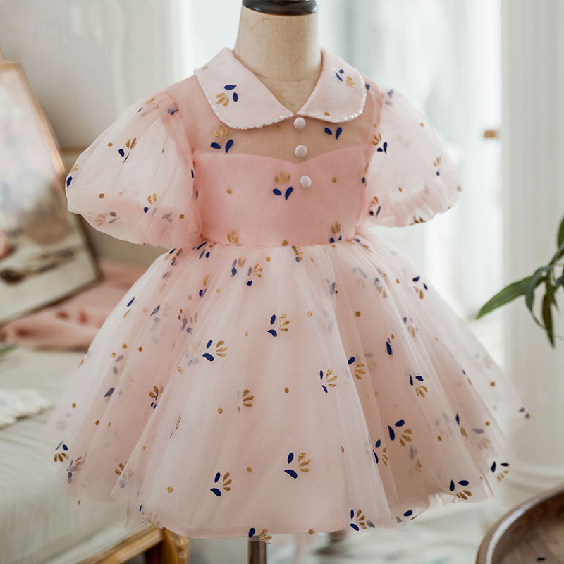 Pink Tulle Collared Princess Dress for Girls - Short Puff Sleeves Party Dress | Perfect for Birthday, Pageant, Photo Shoot & Special Occasions