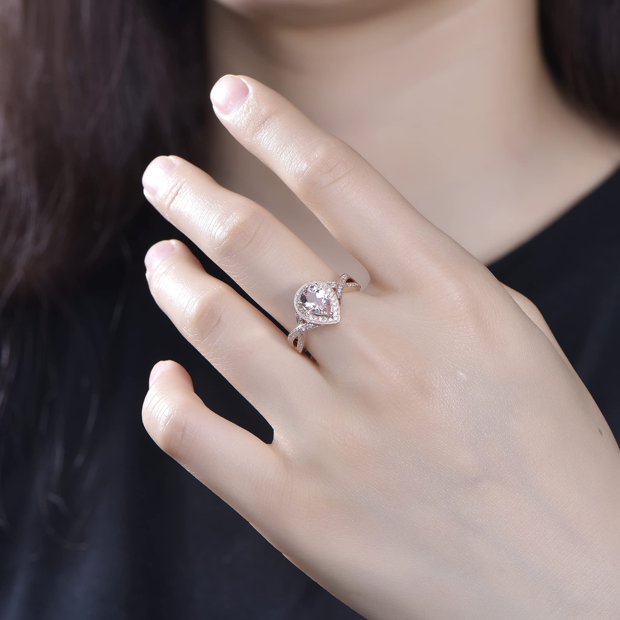 14K Rose Gold Pear Morganite Engagement Ring with Pave Diamond Accents & Infinity Shank - 6x8mm Size 5 | Perfect for Proposals, Anniversaries & Romantic Occasions
