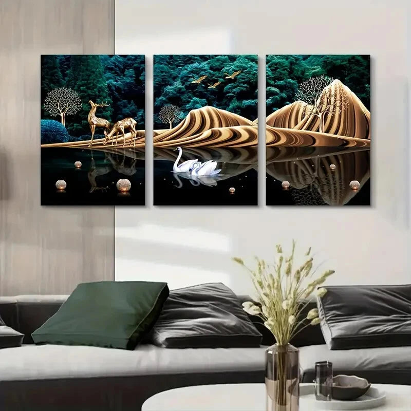 3-Piece White Swan in Water Abstract Botanical Metal Wall Art - Ready to Hang, Modern Home Decor for Living Room, Bedroom & Office