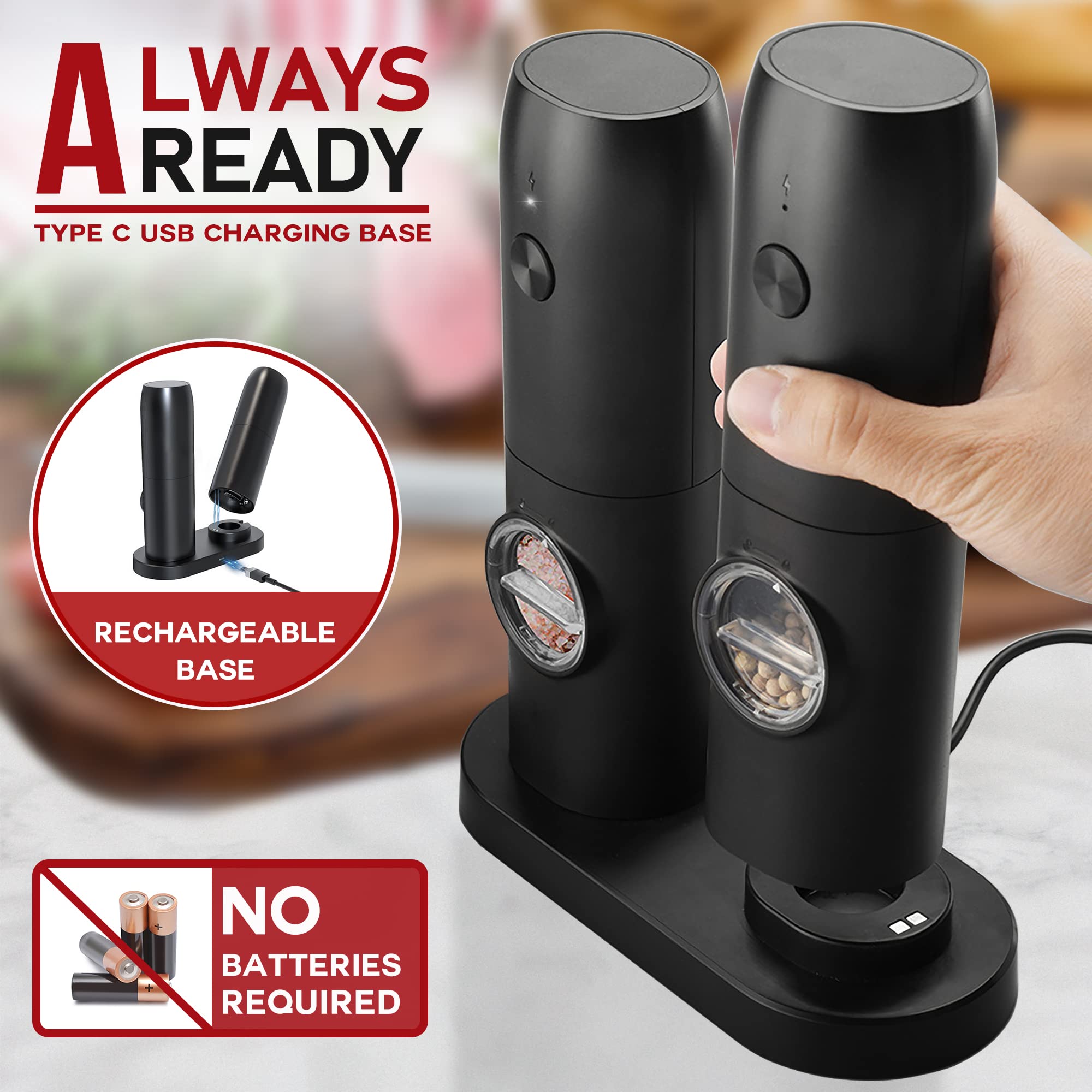 Premium Electric Salt and Pepper Grinder Set - USB Rechargeable Automatic Mill with Adjustable Coarseness & One-Hand Operation | Ceramic Burr Refillable Spice Grinder with LED Light & Charging Base | Perfect for Kitchen, Dining Table & Outdoor BBQ