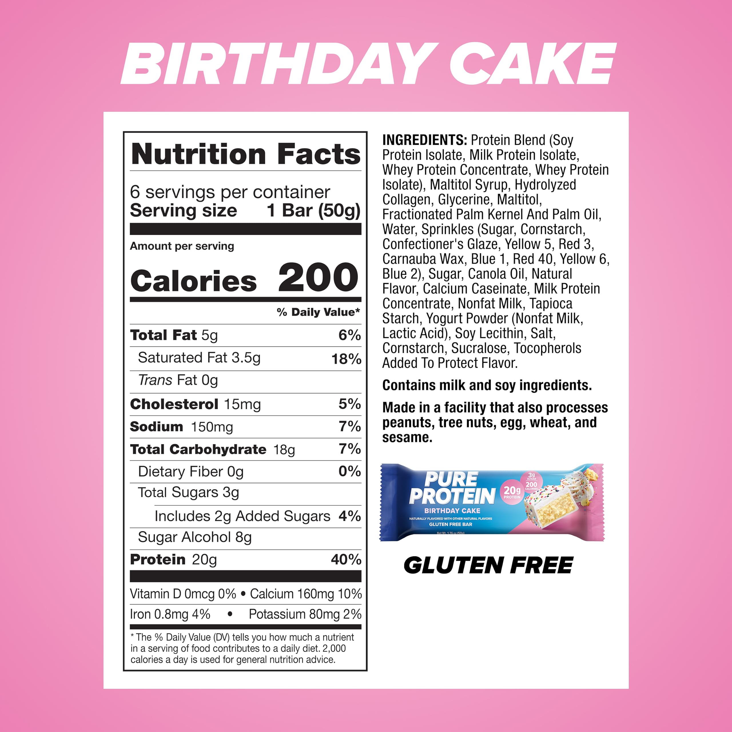 Pure Protein Bars - High Protein, Low Sugar, Gluten Free Snacks for Energy & Nutrition | Birthday Cake Flavor | 1.76oz (6-Pack) | Perfect for Gym, Hiking & Healthy On-the-Go Snacking