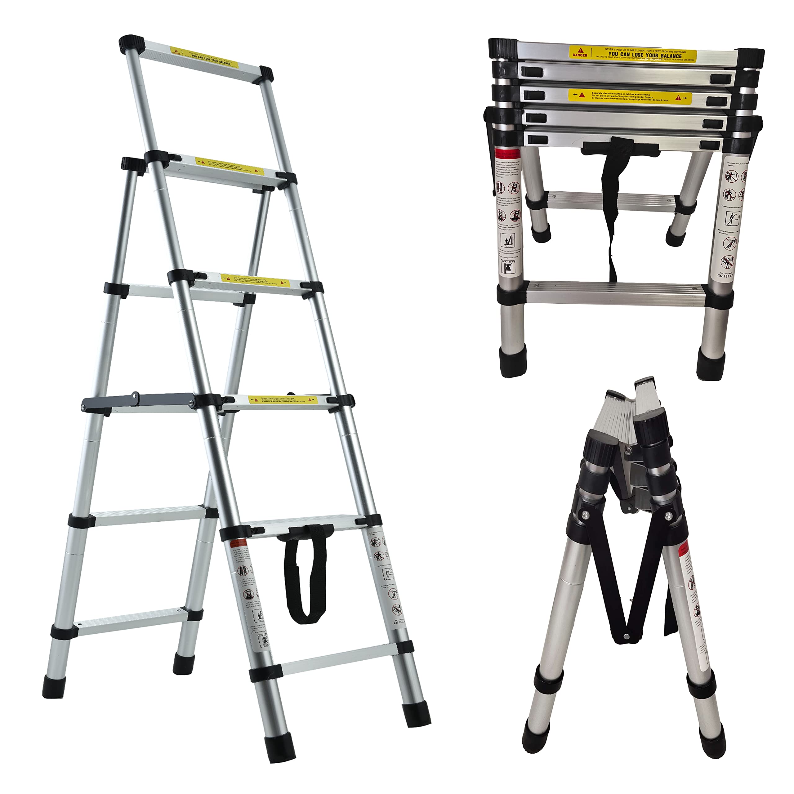 Heavy Duty Telescoping Ladder 150kg Capacity - 4 Step Aluminum A-Frame Ladder with 5 Folding Handgrip & Wide Platform for Home, Office, Warehouse - Perfect for Window Cleaning, Painting, Roof Work & DIY Projects
