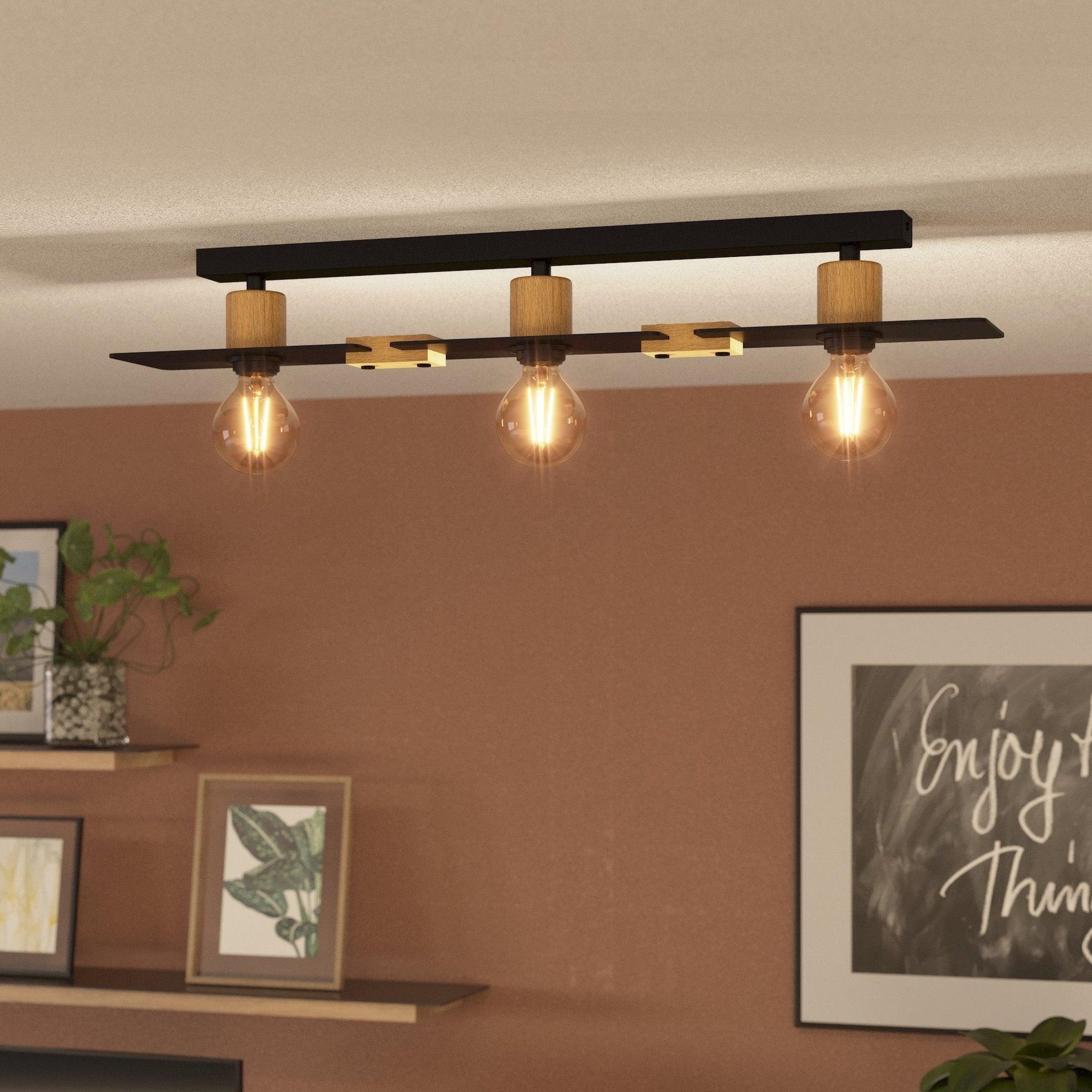 Eglo Bramerton 3-Light Flush Mount Ceiling Fixture - Wood & Black Metal Modern Lighting for Bedroom, Living Room, or Hallway