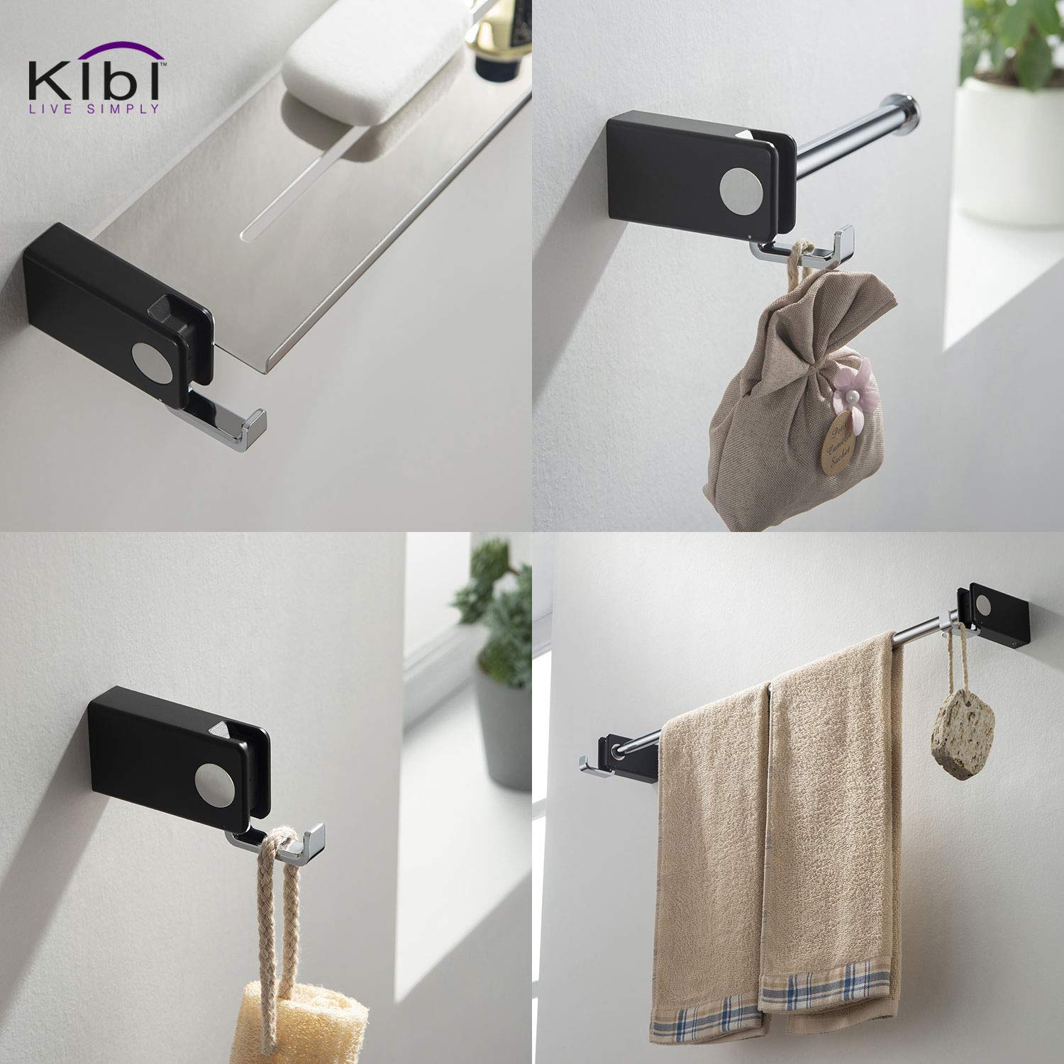KIBI Artis 5-Piece Wall Mounted Bathroom Hardware Set - Chrome Black Finish | Modern Towel Bar, Robe Hook & Shelf Combo for Bathroom Organization & Spa-Like Decor