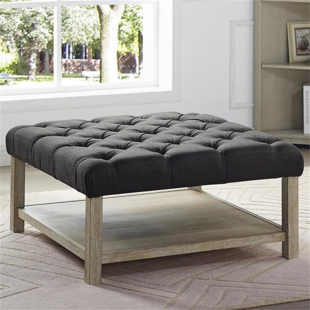 Furniture of America Hoylton Wood Tufted Ottoman - Natural & Dark Gray Storage Bench for Living Room, Bedroom, or Entryway