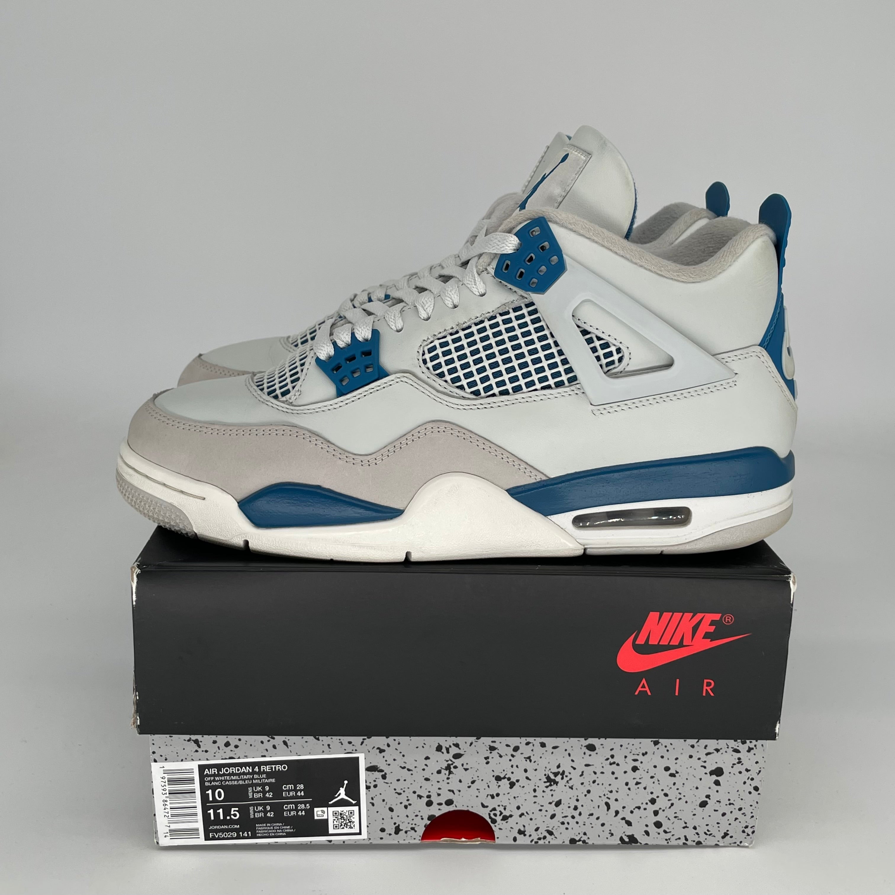 Original: AIR JORDAN 4 MILITARY BLUE SIZE 10 FV5029 141   Optimized: Authentic Air Jordan 4 Retro 'Military Blue' Men's Basketball Shoes Size 10 - FV5029-141 | Sneakers for Casual Wear, Street Fashion & Sports