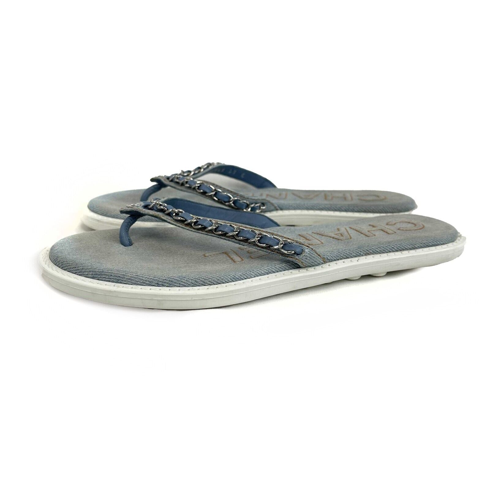 Chanel CC Denim Sandals Women's Flip Flops - Blue & White Casual Beach Slides - Size 37 / US 7 - Perfect for Summer Vacations, Poolside Lounging & Beach Getaways