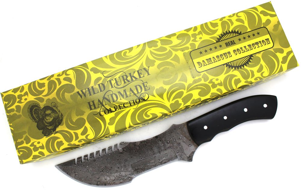 Wild Turkey Damascus Steel Hunting Knife with Leather Sheath for Camping Fishing
