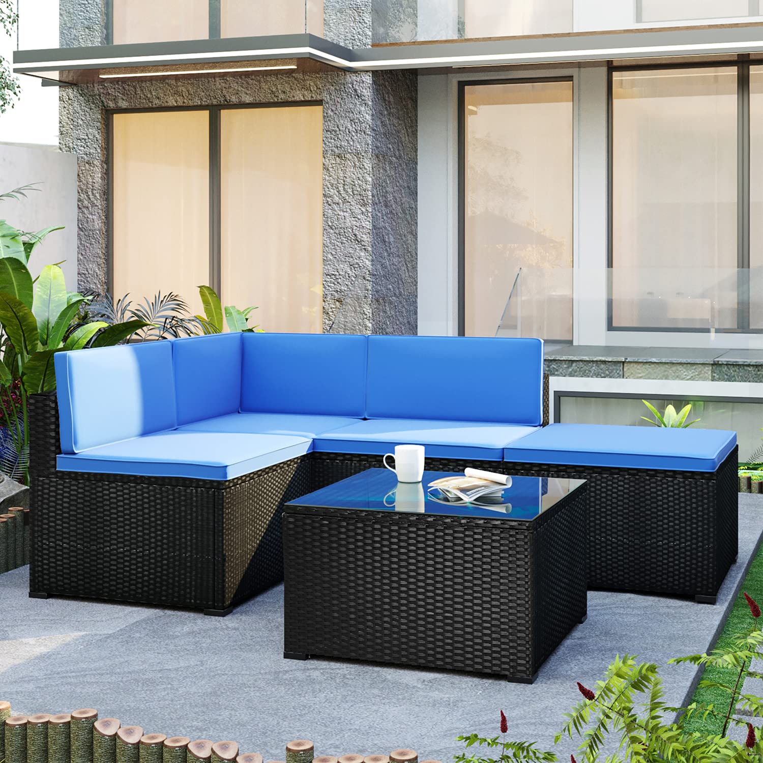 5-Piece All-Weather Rattan Patio Furniture Set - Outdoor Sectional Sofa with Coffee Table, Ottoman & Blue Cushions - Perfect for Small Balconies, Gardens & Backyard Relaxation