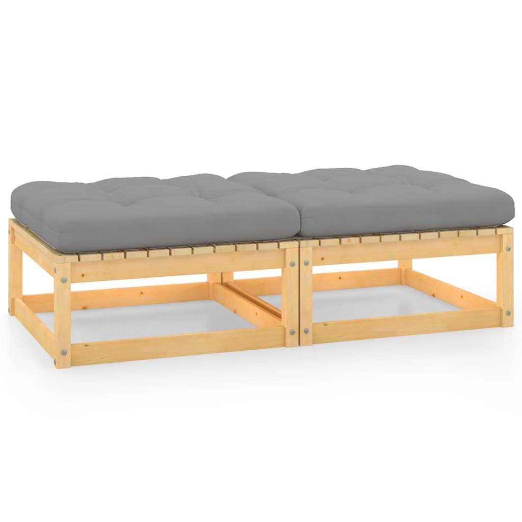 2-Piece Solid Pinewood Outdoor Sectional Sofa Ottomans with Cushions - Brown & Gray Garden Footstool Set for Patio, Deck, and Backyard Relaxation