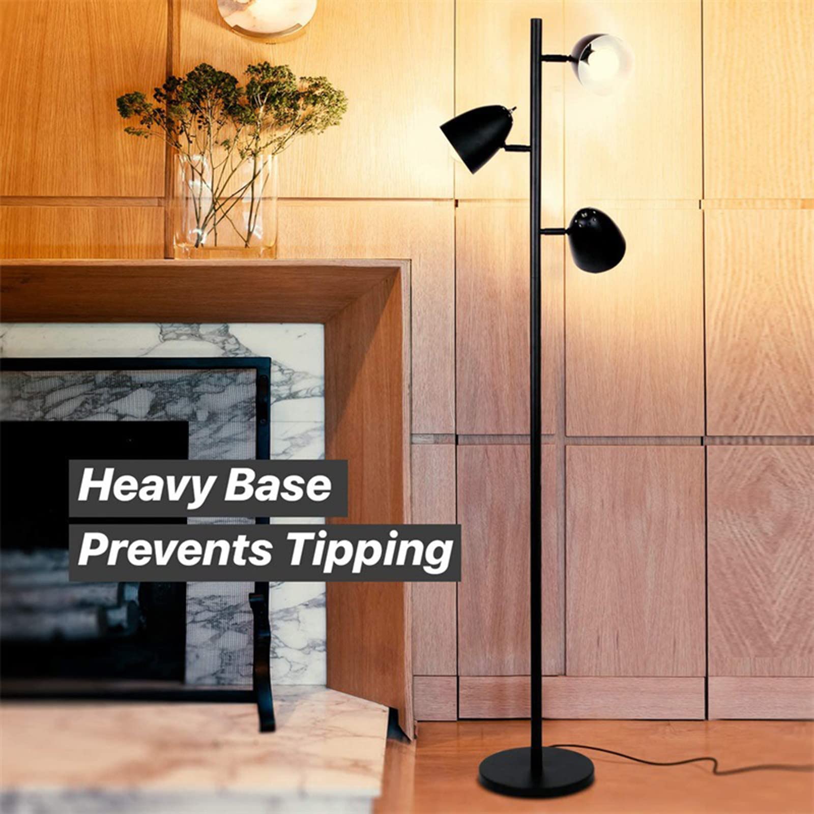 Tree Floor Lamp with 3 Adjustable Arms - 360° Rotating Standing Tall Pole Light for Living Room, Bedroom & Office - Modern Reading Lamp with 3 Bulbs for Perfect Ambient Lighting (Black) - Ideal for Cozy Reading Nooks, Home Office Workspaces & Living Room Accent Lighting