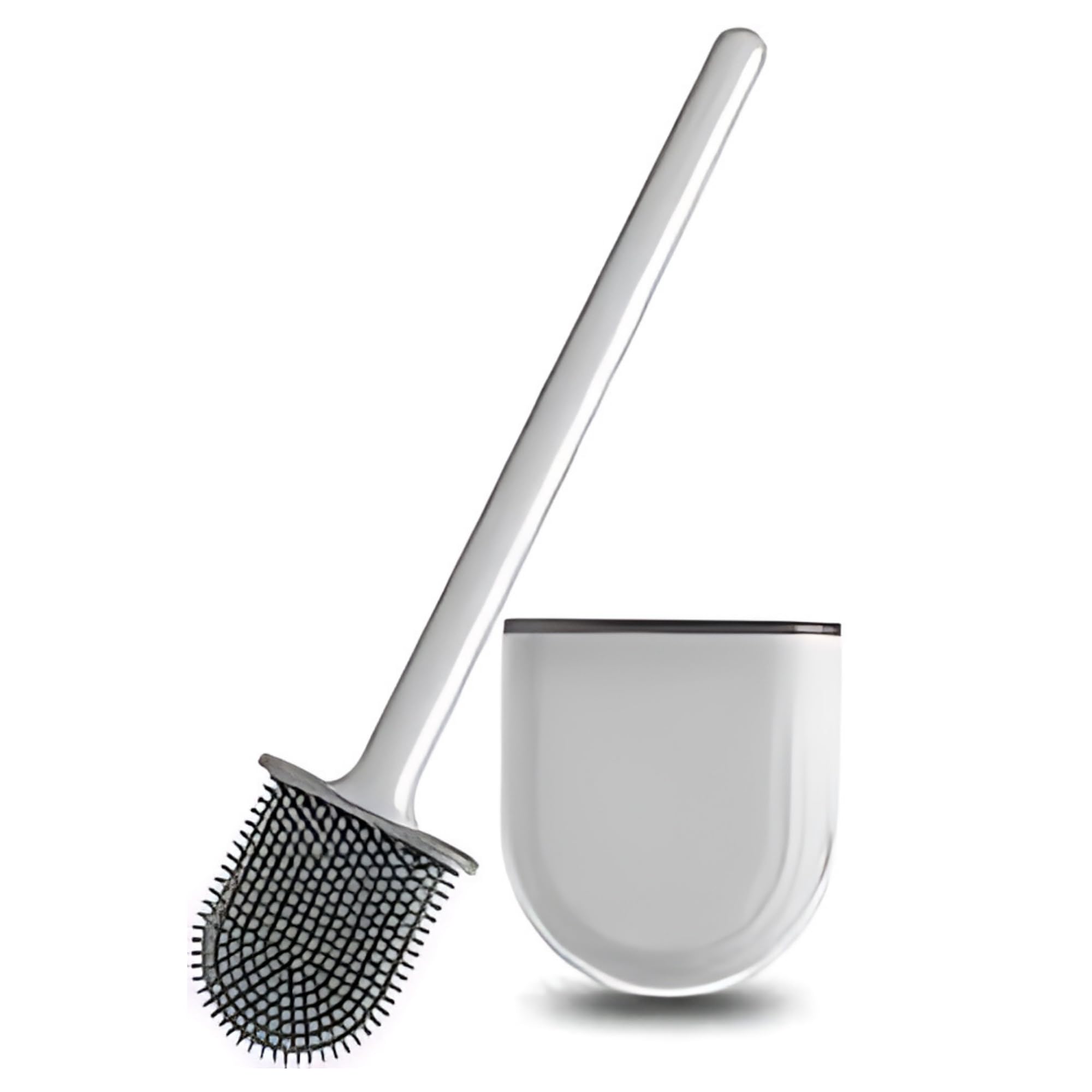 Flowzuk Slimline Toilet Brush Set - Wall Mounted Silicone Toilet Brush with Holder, Soft Bristles & Long Handle - Modern Bathroom Cleaning Kit for Small Spaces (White) - Perfect for Apartments, RVs & Tight Bathrooms