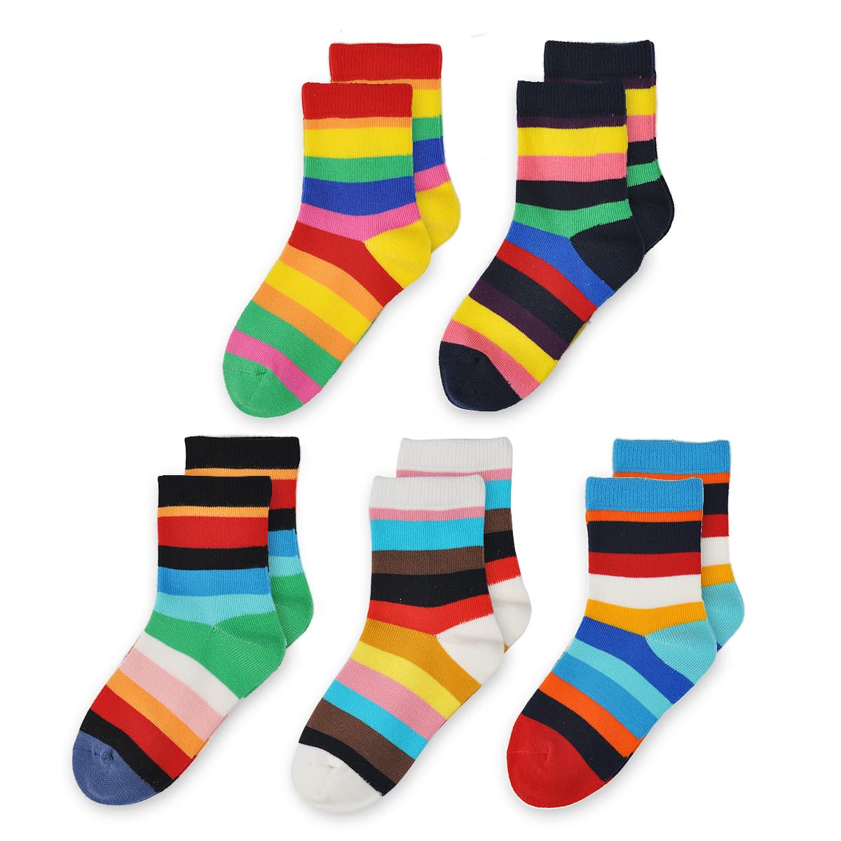 Marchare Girls Seamless Crew Cotton Socks - 5 Pack Rainbow Striped Casual Socks for Kids - Perfect for School, Play & Everyday Comfort