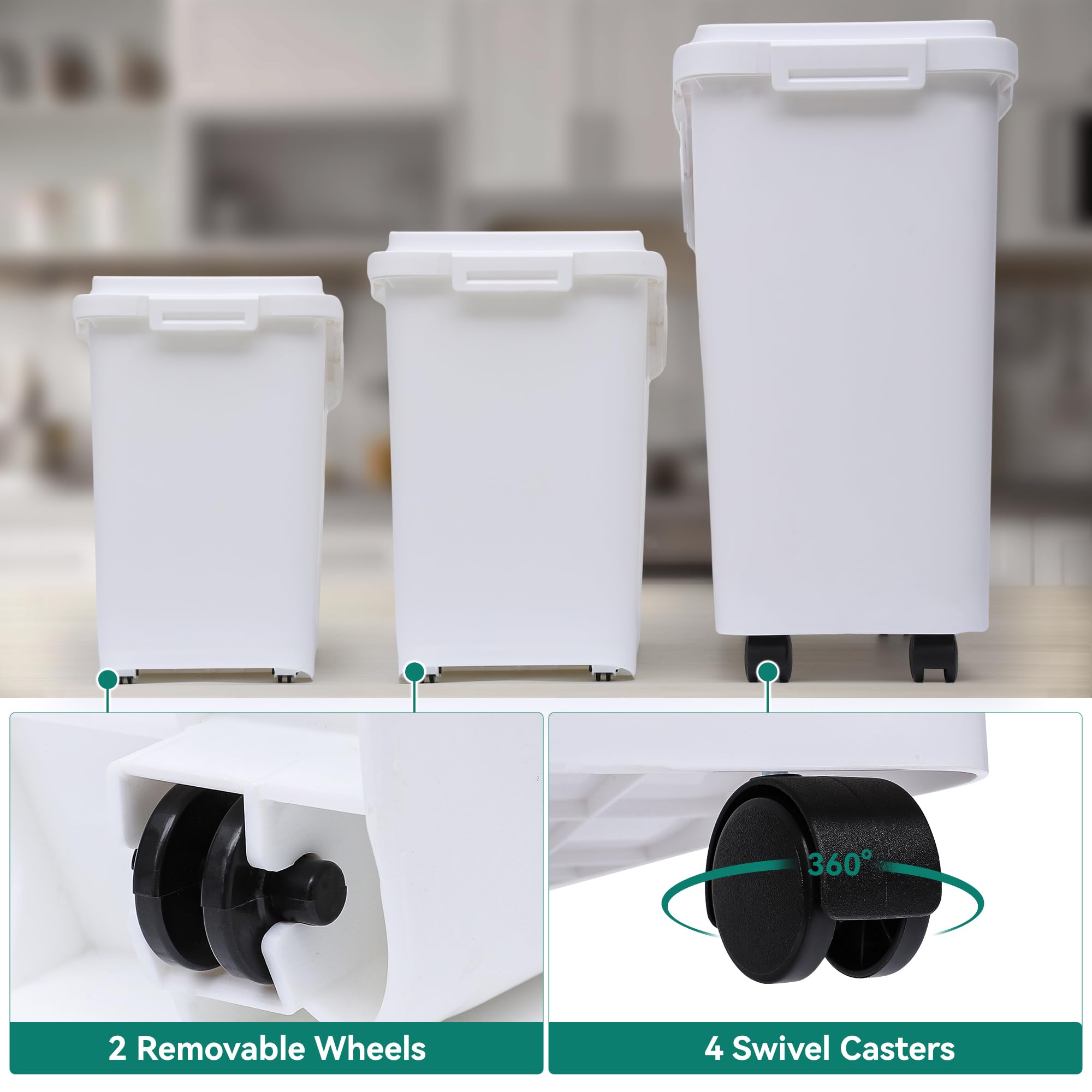 YITAHOME 20.6 Gallon Commercial Rice Flour Storage Container with Wheels - 3-Piece Set (11.4+5.8+3.4 Gal) - 500 Cups Capacity - Includes Scoop & Lid - White Kitchen Storage Bins for Flour, Rice, Sugar & Dry Food - Perfect for Pantry, Restaurant & Bulk Ingredient Organization