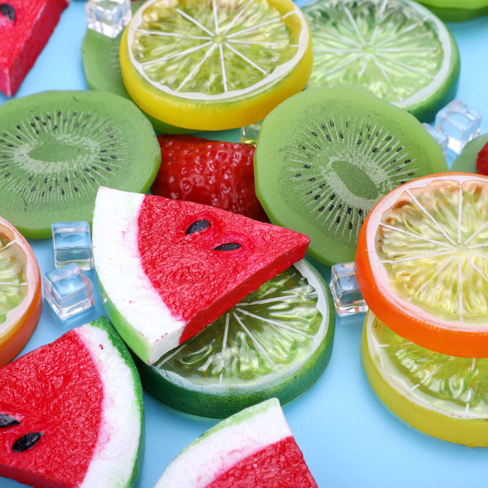 48Pcs Fake Fruit Plastic Fruit Set - Mixed Artificial Fruit Slices (Lemons, Kiwi, Strawberry, Watermelon) & Ice Cubes for Home Decor, Kitchen Display, Party & Wedding Decoration - Realistic Fake Fruit for Table Centerpieces, Dessert Displays & Photography Props