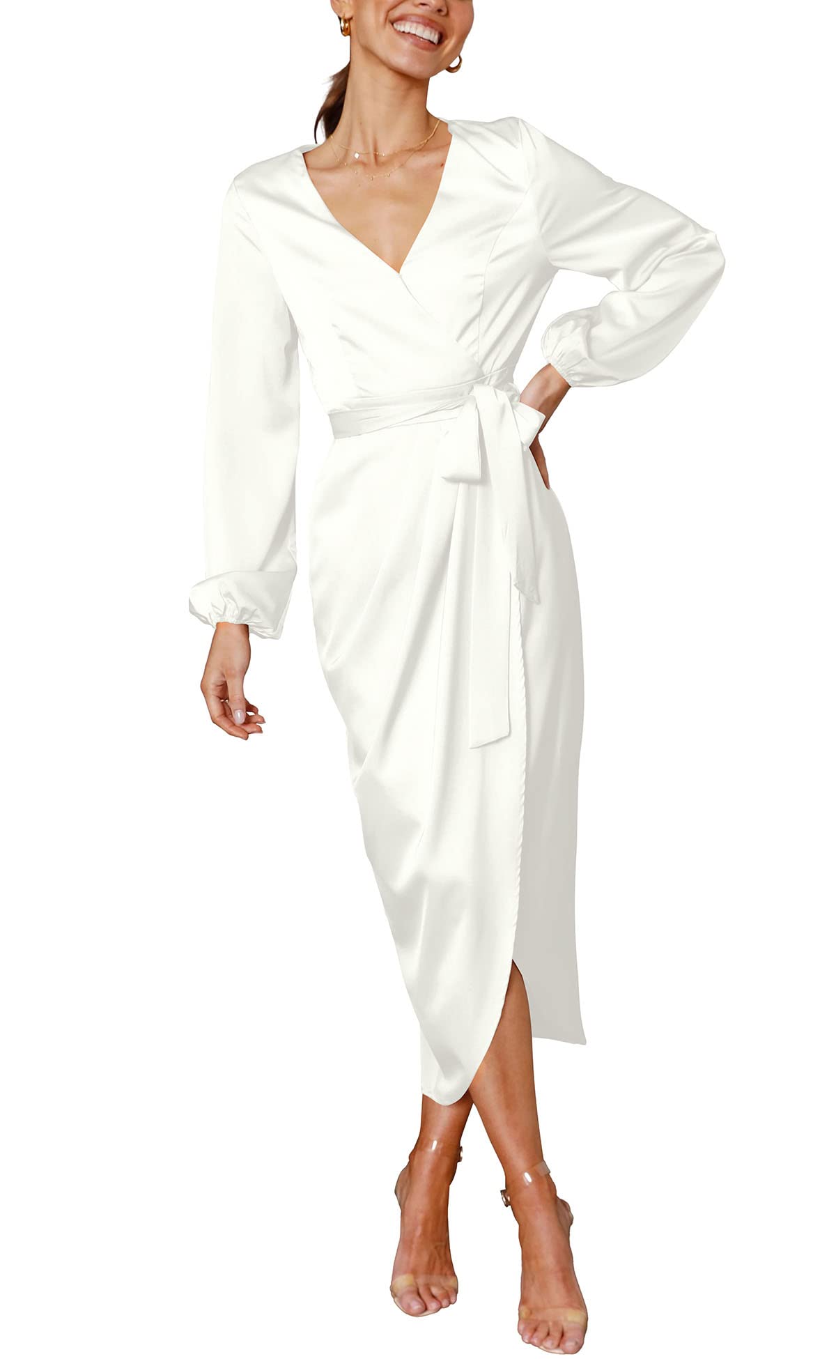 Women's Satin Deep V-Neck Long Sleeve Tie Waist Split Midi Dress - Elegant Evening Party, Cocktail, Wedding Guest & Date Night Outfit