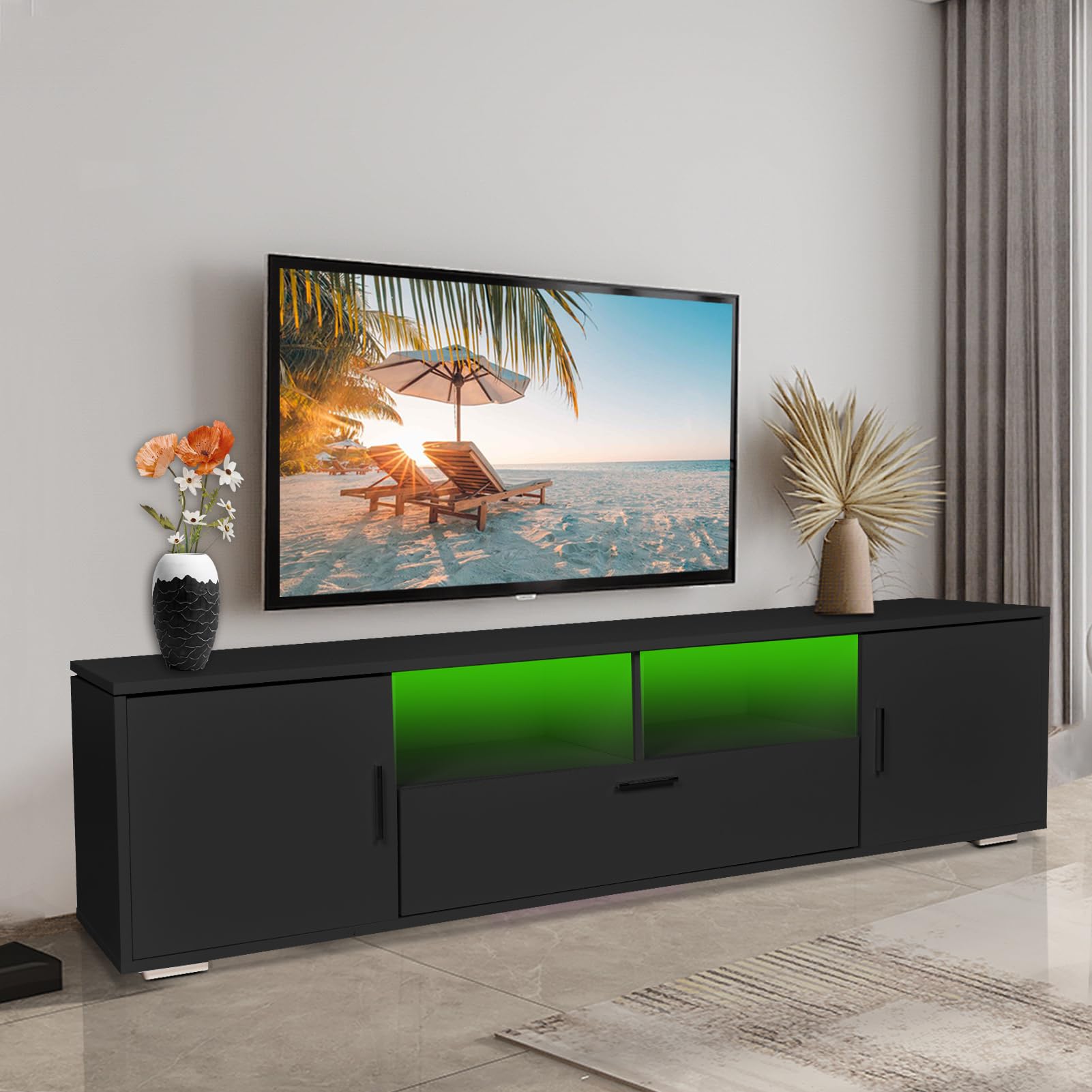 65 Inch LED TV Stand with Storage - Modern TV Console Table Entertainment Center for Living Room, Bedroom & Office - Black Gaming TV Cabinet with 5 Shelves & 3 Drawers - Perfect for Home Theater & Apartment Furniture