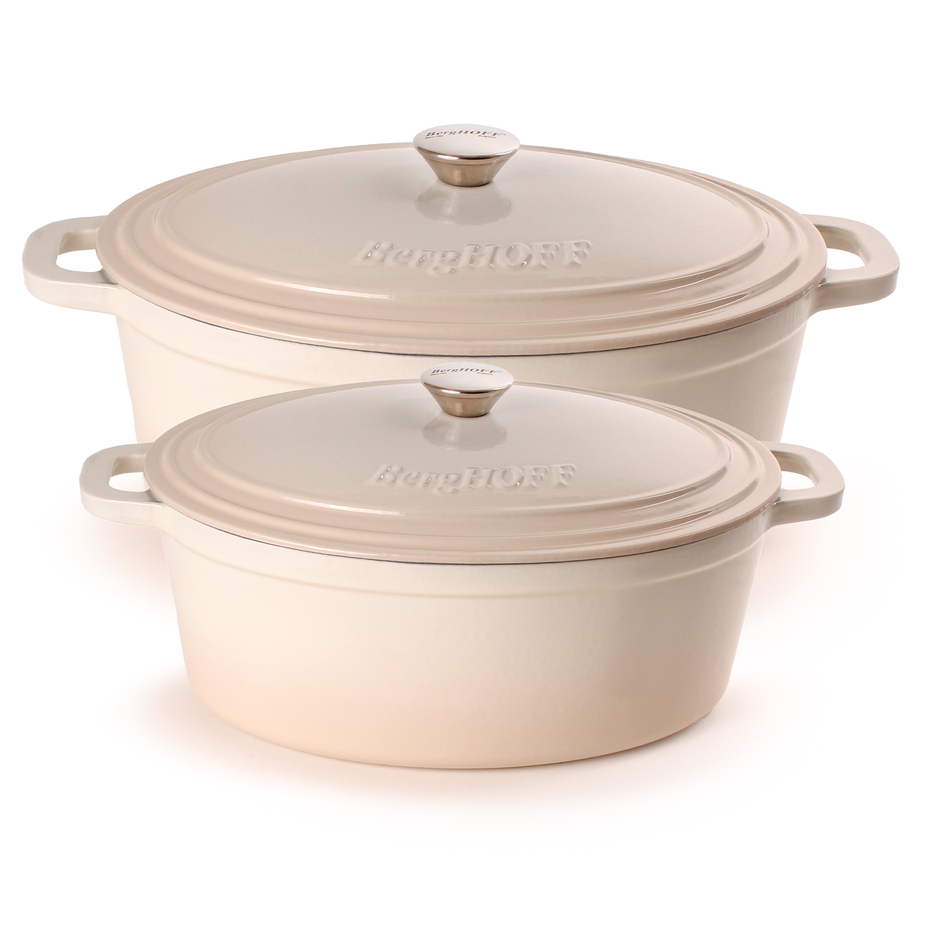 BergHOFF Neo 4-Piece Cast Iron Cookware Set - 5qt & 8qt Oval Dutch Ovens with Matching Lids, Meringue Color - Premium Enameled Cast Iron for Braising, Stewing & Baking - Perfect for Family Dinners, Camping & Holiday Cooking