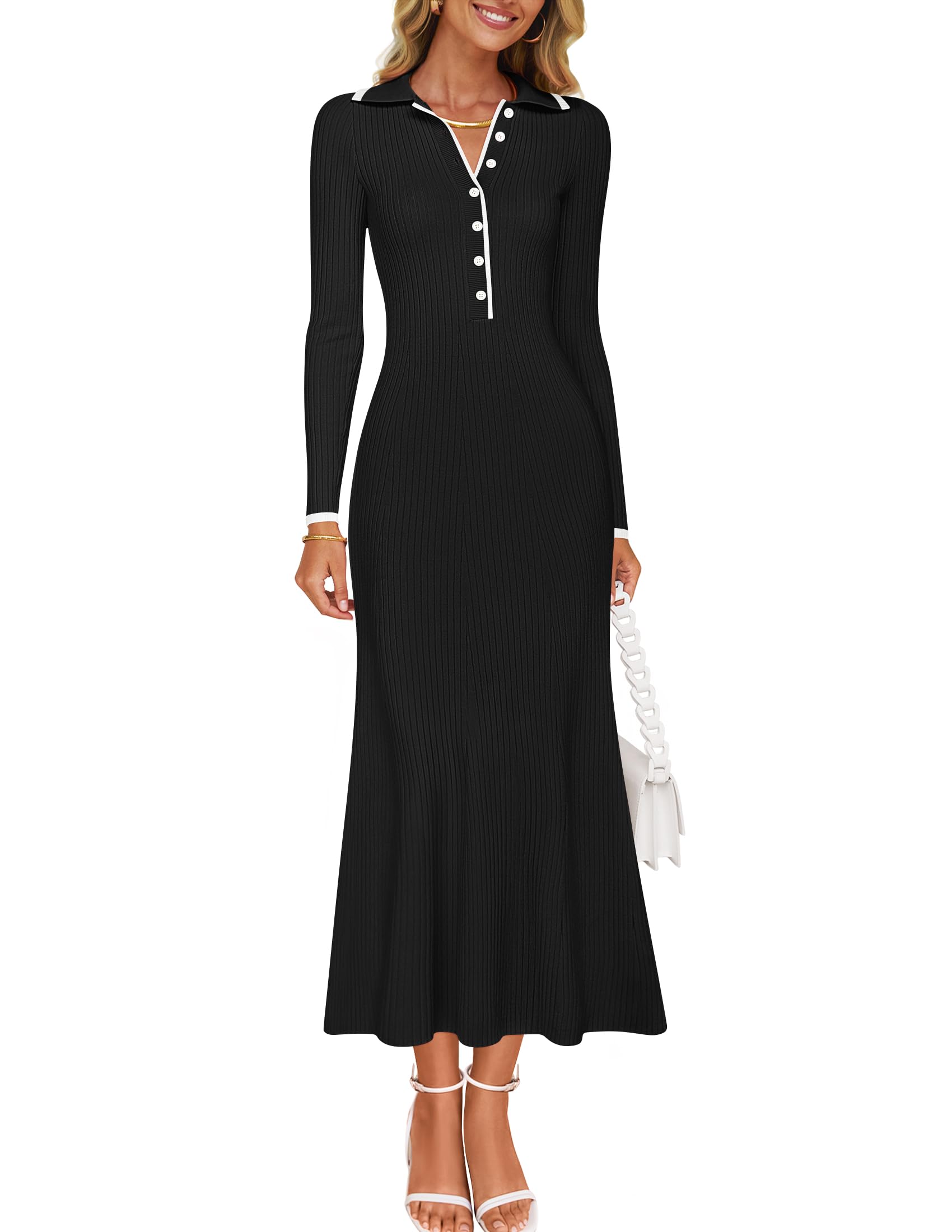 ZESICA Women's Long Sleeve V-Neck Ribbed Knit Sweater Dress - Elegant Bodycon Maxi Dress for Spring 2025 | Perfect for Casual Wear, Office, Cocktail Parties & Date Nights