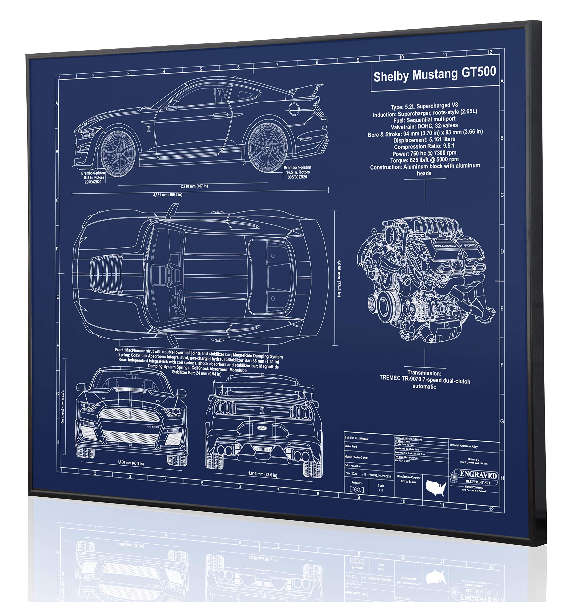 2020 Ford Mustang Shelby GT500 Blueprint Artwork - Laser Engraved & Personalized - Unique Ford Enthusiast Gift for Home, Office, or Man Cave Decor