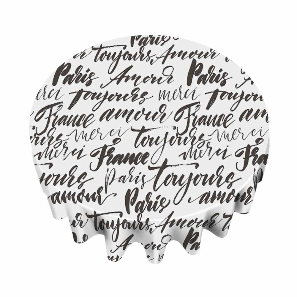 Hand-Painted French Words Round Tablecloth - 60 Inch Paris Themed Table Cover for Party, Picnic, Dining Room & Patio Decor - Featuring 'Always Love', 'Thank You', 'Hello' in French