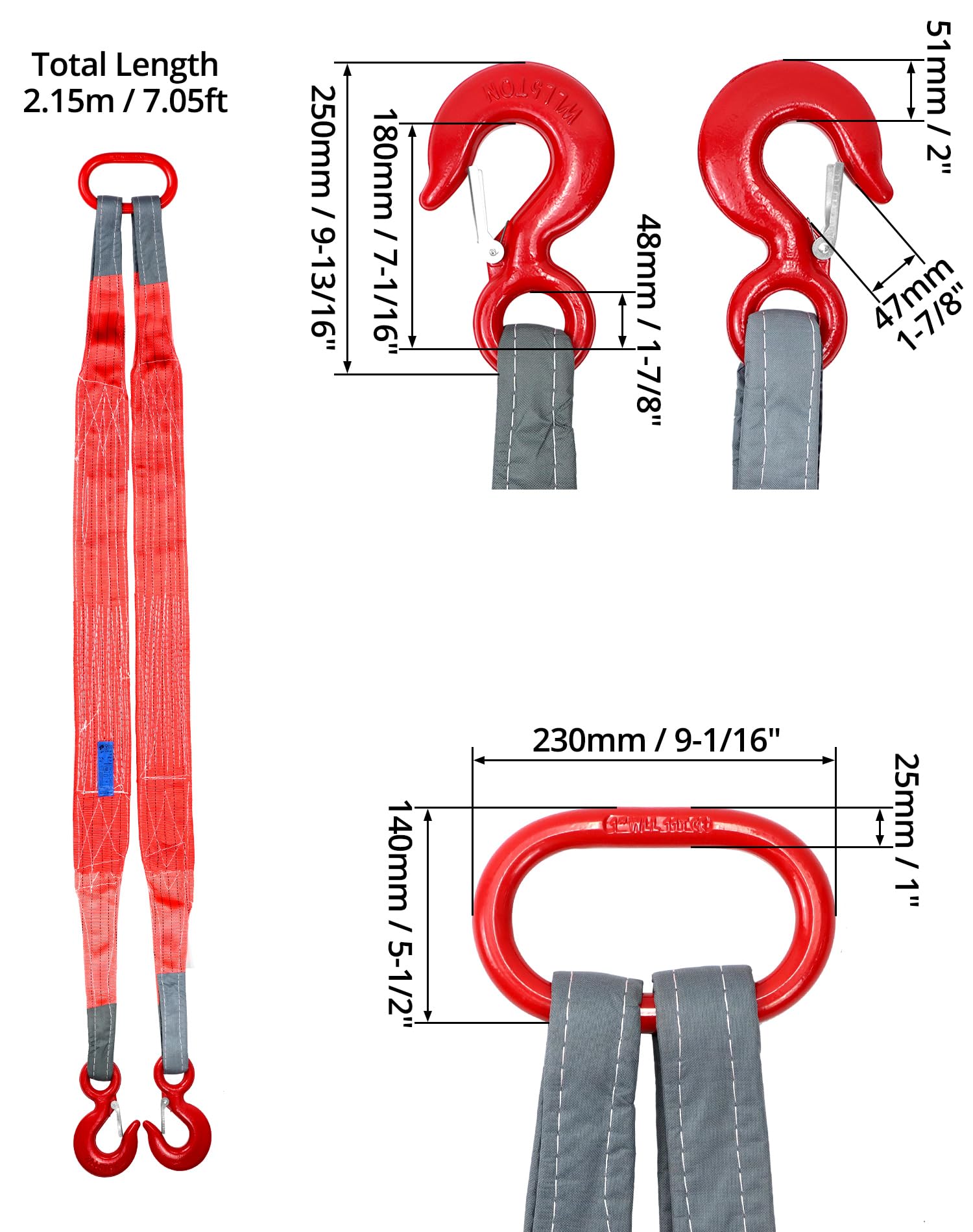 QWORK 2 Leg Bridle Web Sling - 6.56Ft Heavy Duty Steel Sling with Grab Hooks - 22000 lbs Capacity for Lifting & Rigging - Perfect for Construction, Warehouse, and Industrial Material Handling