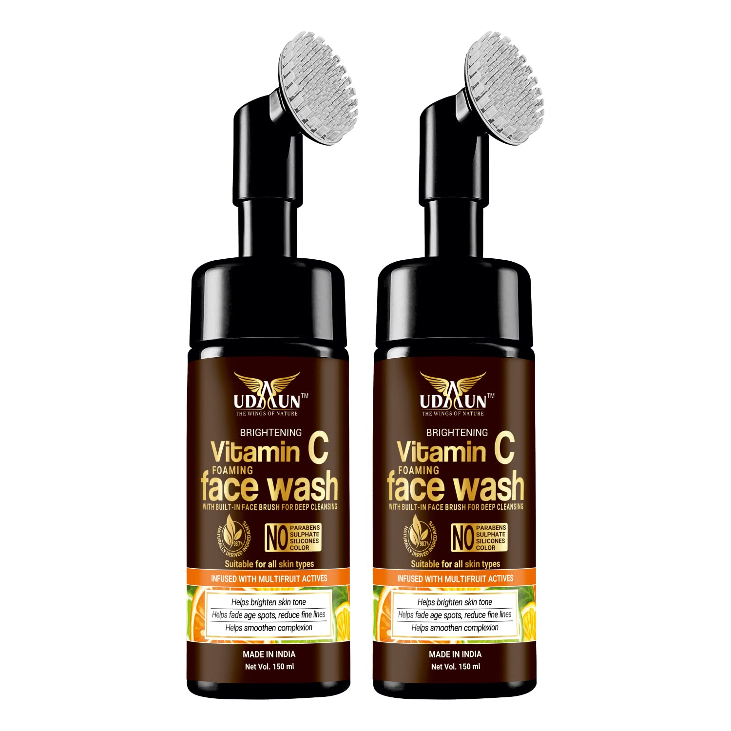Udaun Vitamin C Foaming Face Wash with Built-In Cleansing Brush - Brightening & Deep Cleansing, Paraben-Free (Pack of 2) | Gentle Daily Skincare for Glowing Complexion