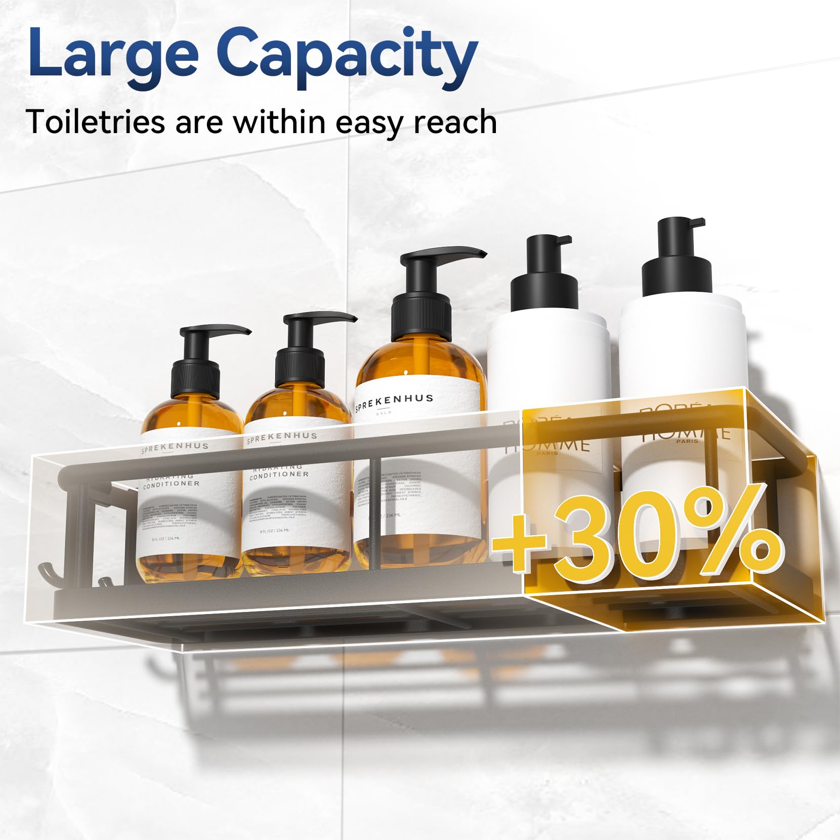 **YASONIC No Drill Shower Caddy Adhesive - Rustproof Wall-Mounted Bathroom Organizer with Removable Hooks & Soap Holder (3 Pack, Black) - Perfect for Small Bathrooms, Apartments & Dorm Showers**