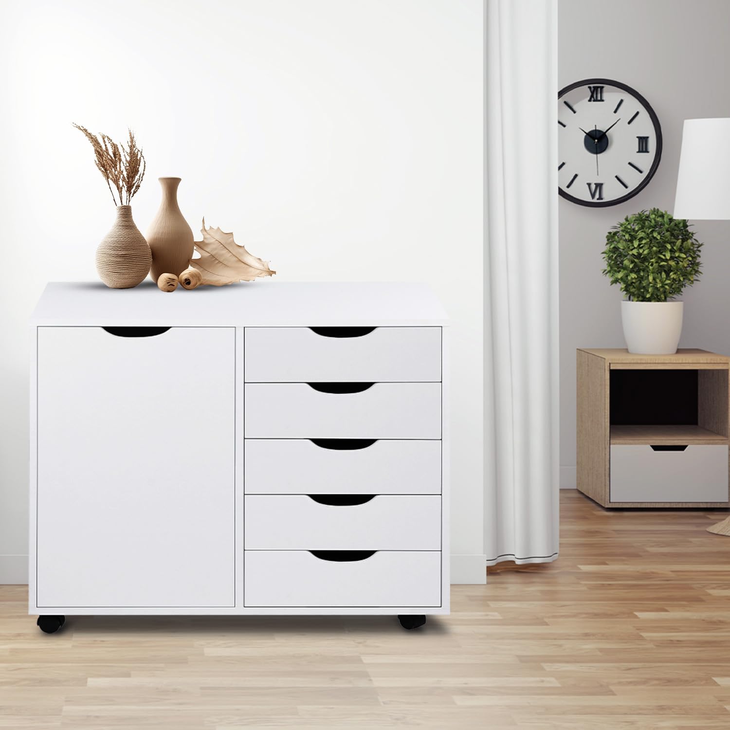 Naomi Home Amy 5-Drawer Rolling Dresser - White Wooden Storage Cabinet with Wheels, 180 lbs Capacity | Craft Organization, Makeup Vanity & Office File Storage | Perfect for Bedroom, Closet & Home Office Organization