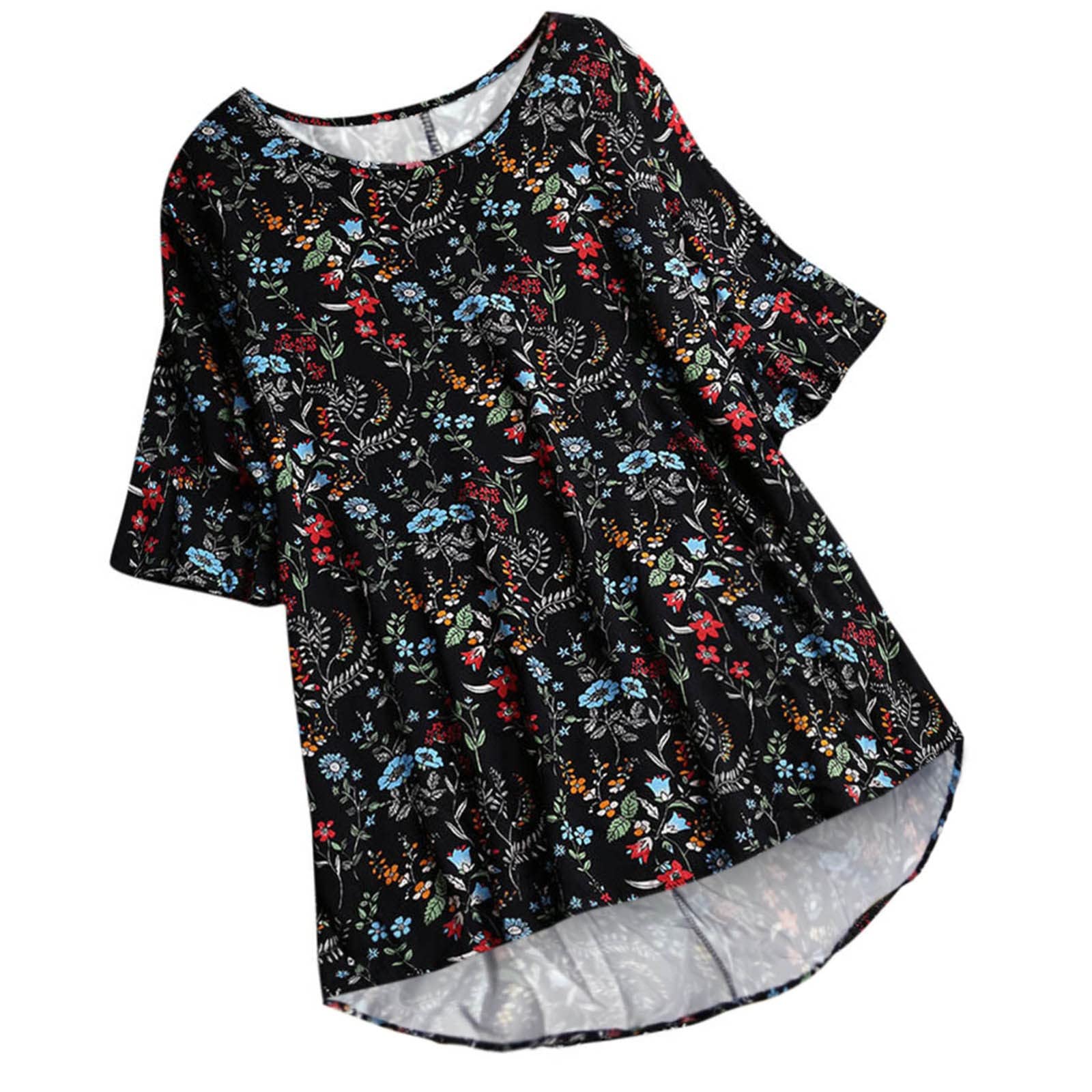 Women's Casual Linen Blouse - Loose Sleeve Button Down Shirt with Floral Print (Black, XL) | Plus Size Comfort Wear for Office, Travel & Everyday Outfits