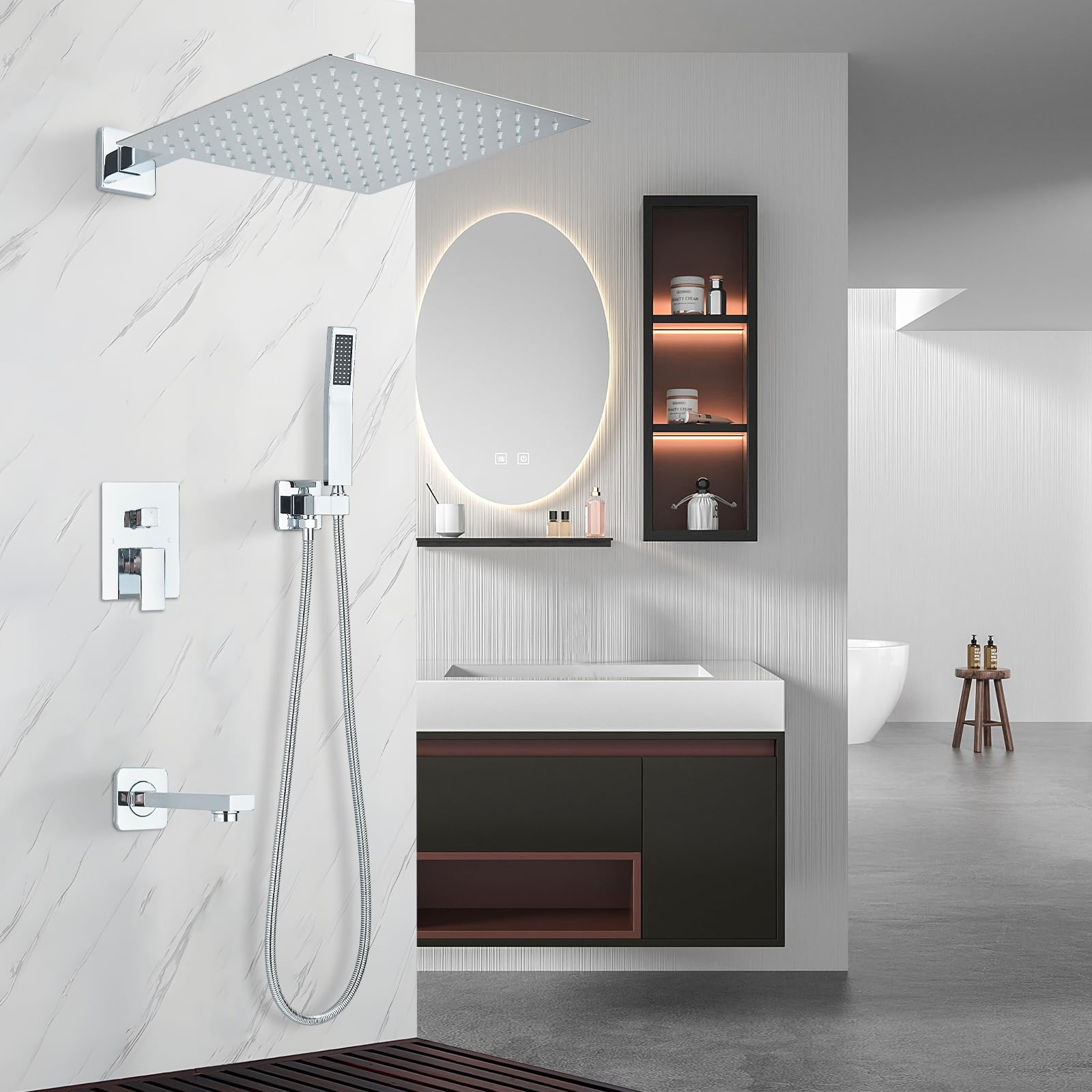 NeierThodore Polished Chrome Wall Mounted Rainfall Shower System - 12 Inch Shower Head, Tub Spout & Rough-in Valve - Luxury Bathroom Faucet Set for Spa-Like Shower Experience