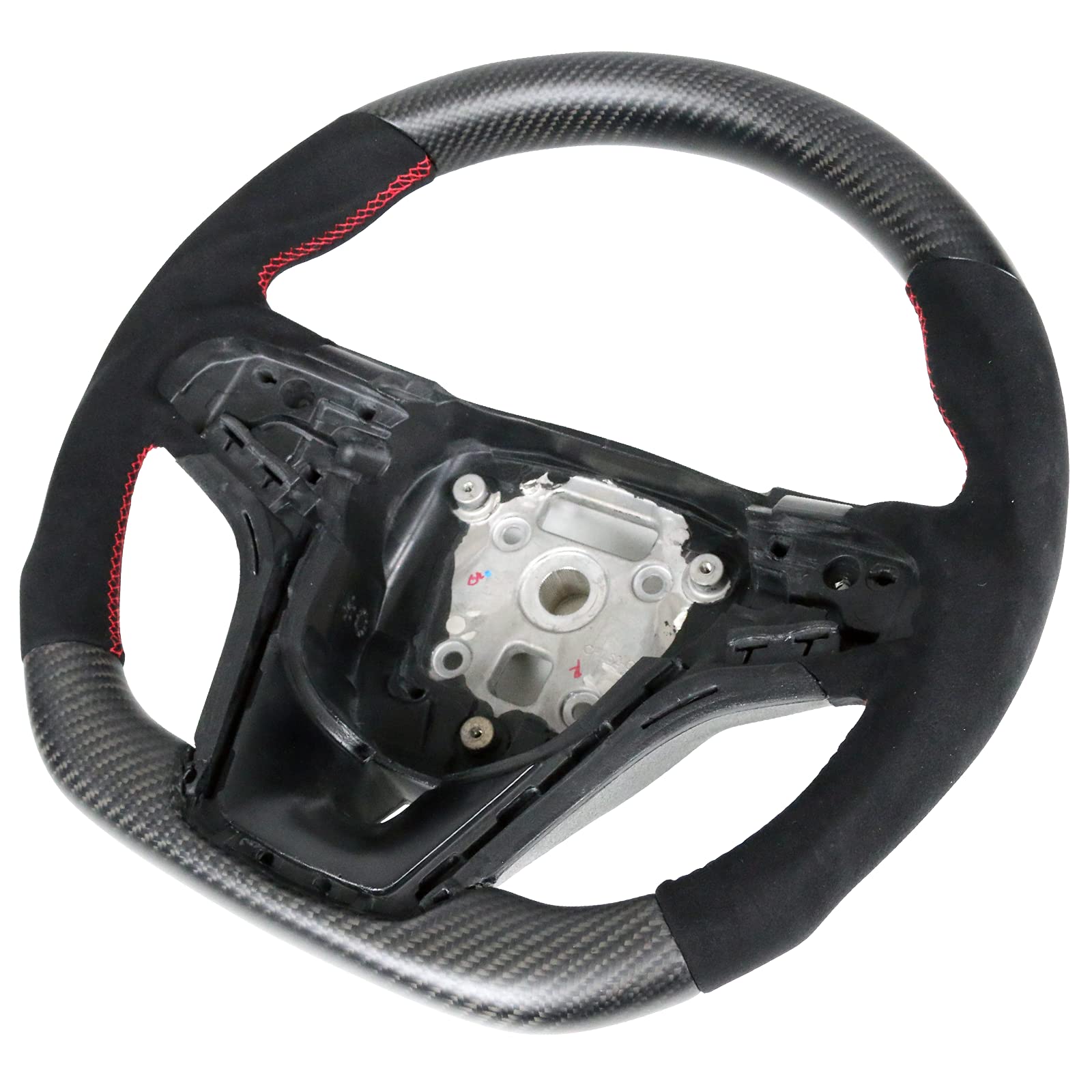 IKON MOTORSPORTS Steering Wheel for 2012-2015 Chevy Camaro - Matte Carbon Fiber & Synthetic Suede Design with Red Stitching - Upgrade Your Ride for Sporty Driving & Enhanced Grip