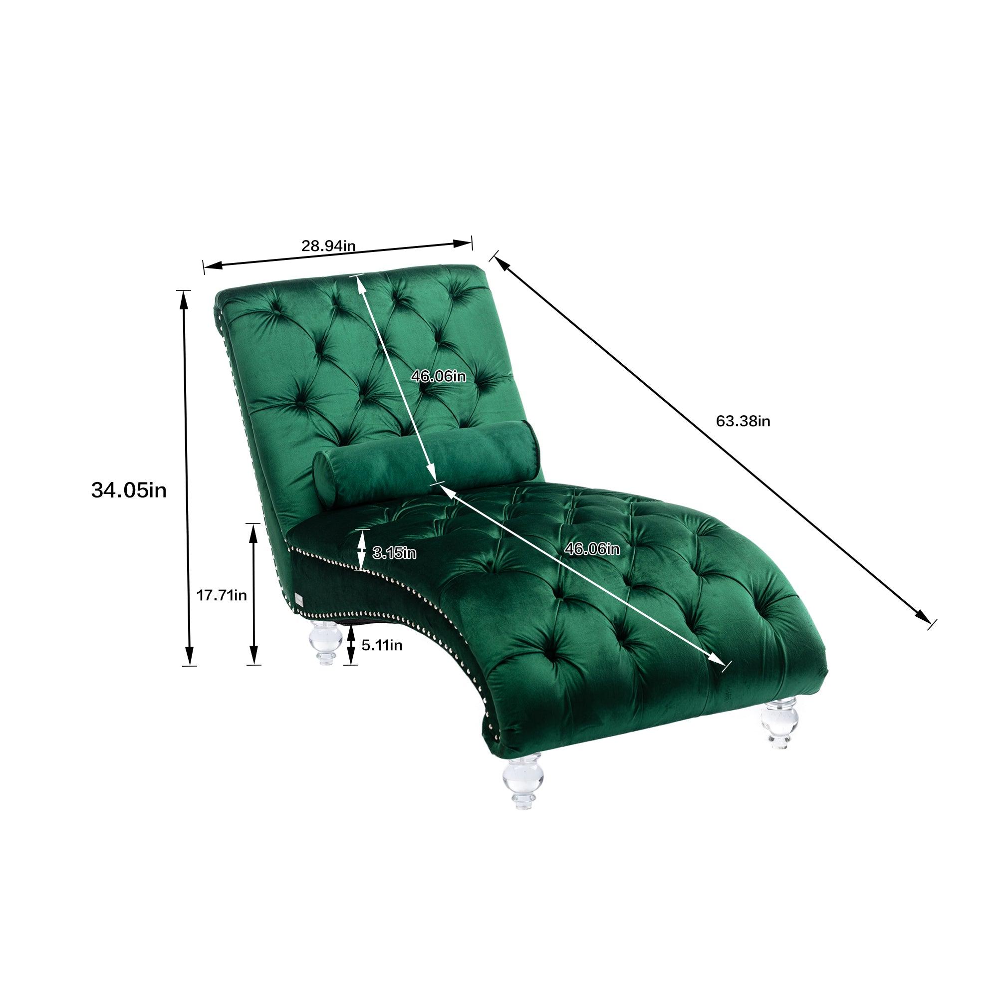 Luxury Velvet Chaise Lounge Chair - Button Tufted Upholstered Sofa with Pillow for Bedroom, Living Room & Office | Emerald Green Velvet Fabric | Perfect for Reading Nook, Lounge Area & Home Decor