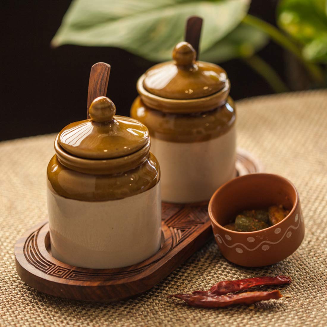 ExclusiveLane Vintage Ceramic Pickle Jar Set with Hand-Carved Wooden Tray - 2-Piece Indian Style Achaar Storage Containers (230ml) for Kitchen, Dining Table & Home Decor | Perfect for Pickles, Spices & Condiment Organization